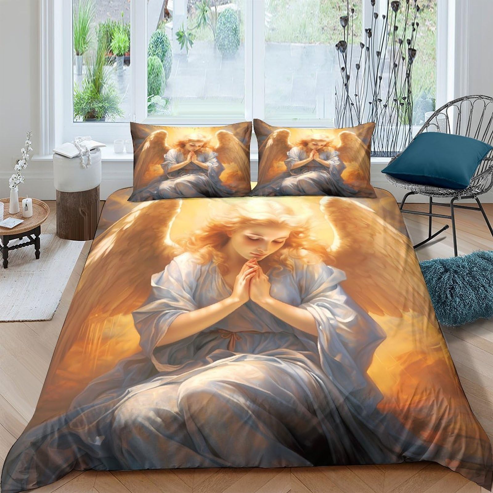 Ctjqhvkz Style-9 3D Printed Praying Angel Fitted Sheet Microfiber Soft Breathable Golden Halo Bed Cover For Bedroom Dorm Mattress Decor Single（135X200cm）