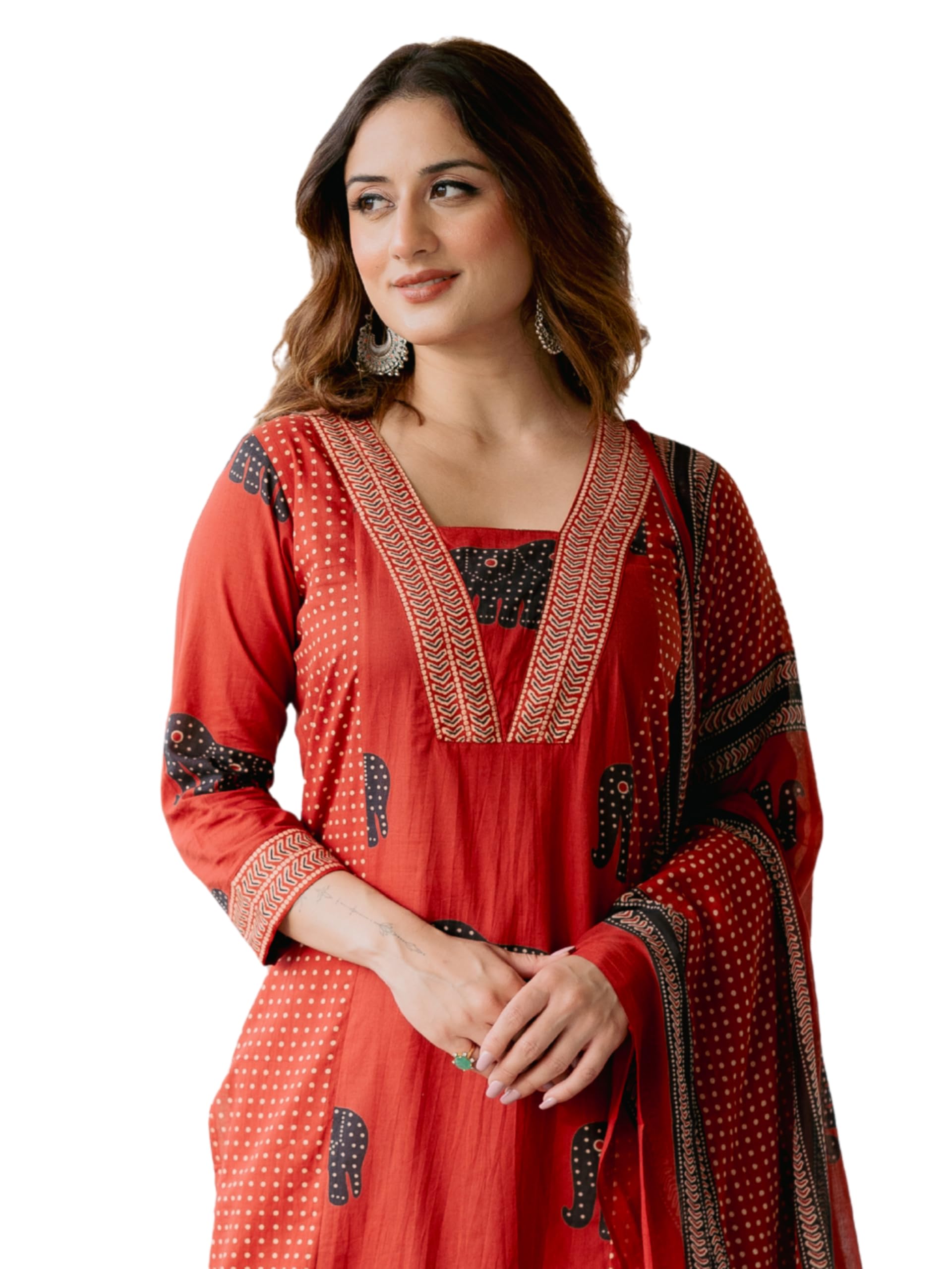 arayna Women’s Pure Cotton Printed Kurta Pants Dupatta Set | Elephant Motif Ethnic Suit Set | Traditional 3-Piece Set for Women-picture-10
