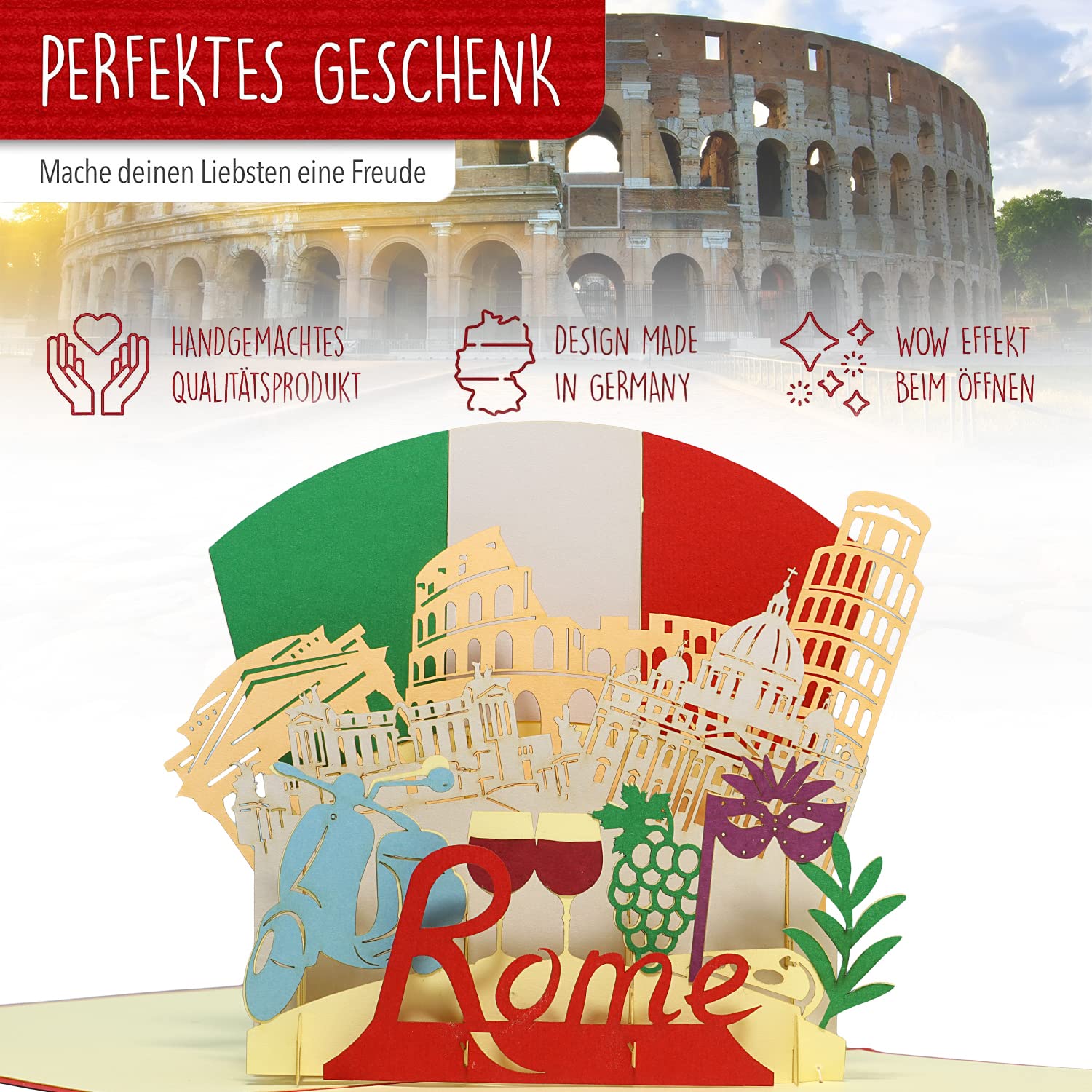 Biglietto Pop-Up 3D Roma – Originale Biglietto D'Auguri Italiano Con Skyline 3D E Porta Banconote - 3