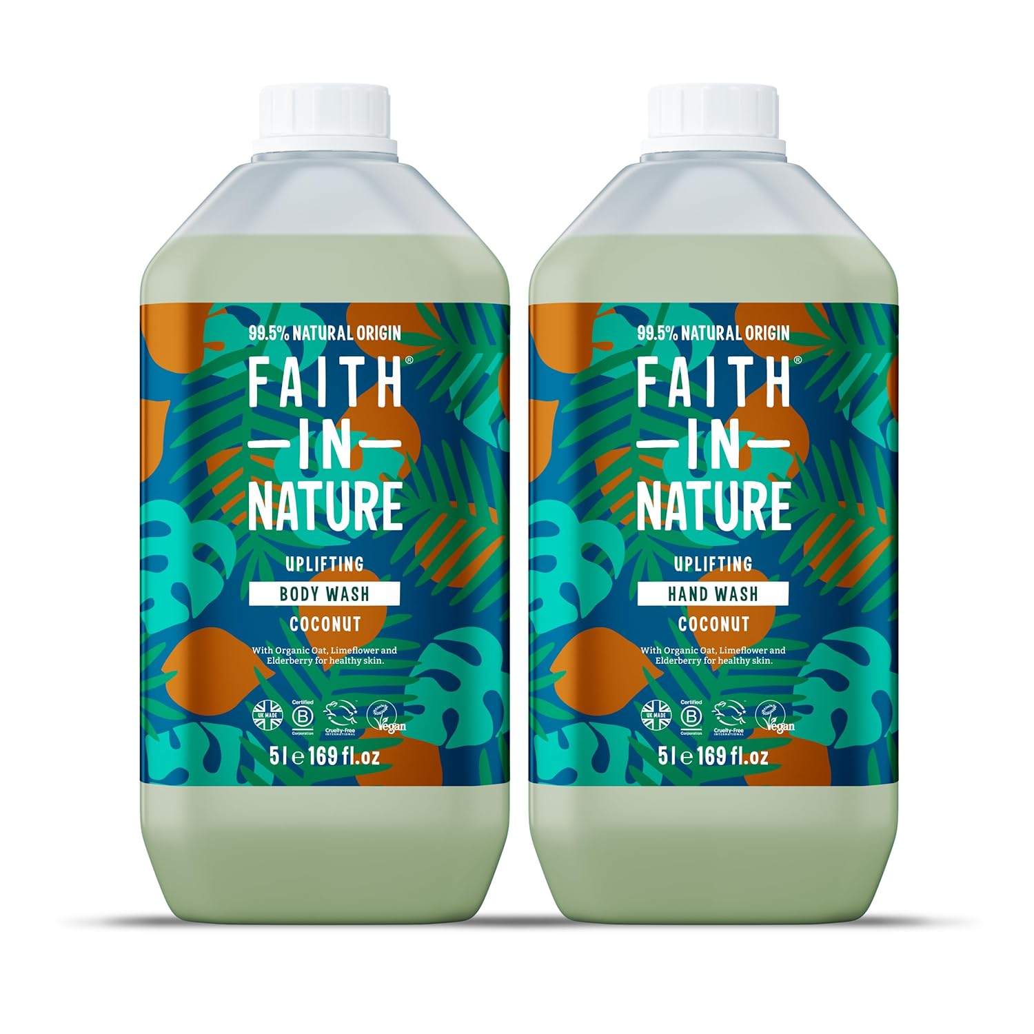 Faith In Nature Natural Hand Wash & Body Wash Set - Vegan & Cruelty Free, No SLS or Parabens - 2 x 169 fl oz Value Bundle Pack, Coconut
