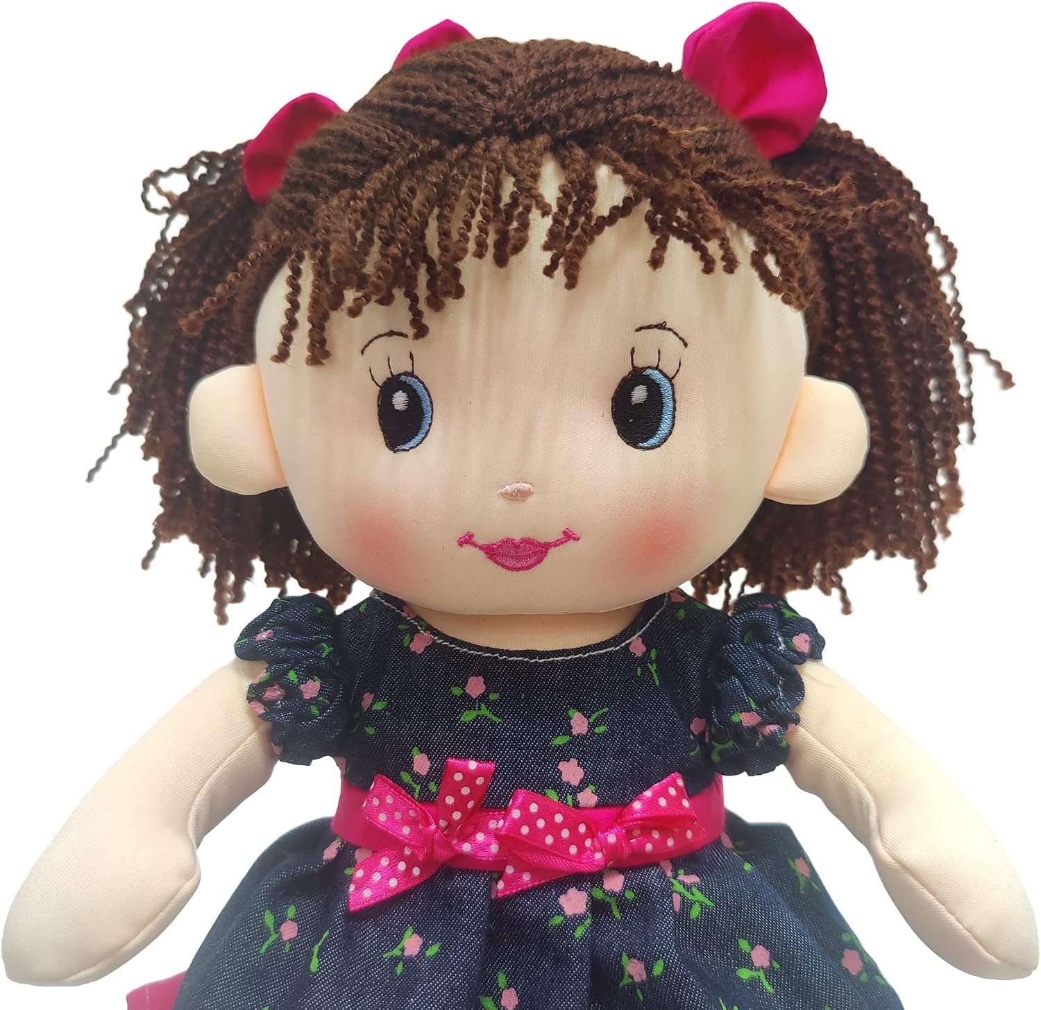Linzy Plush 16" Libby Soft Plush Rag Doll with Navy Blue Dress and Printed Magenta Roses, Rag Doll for Girls, Munecas de trapo para nina