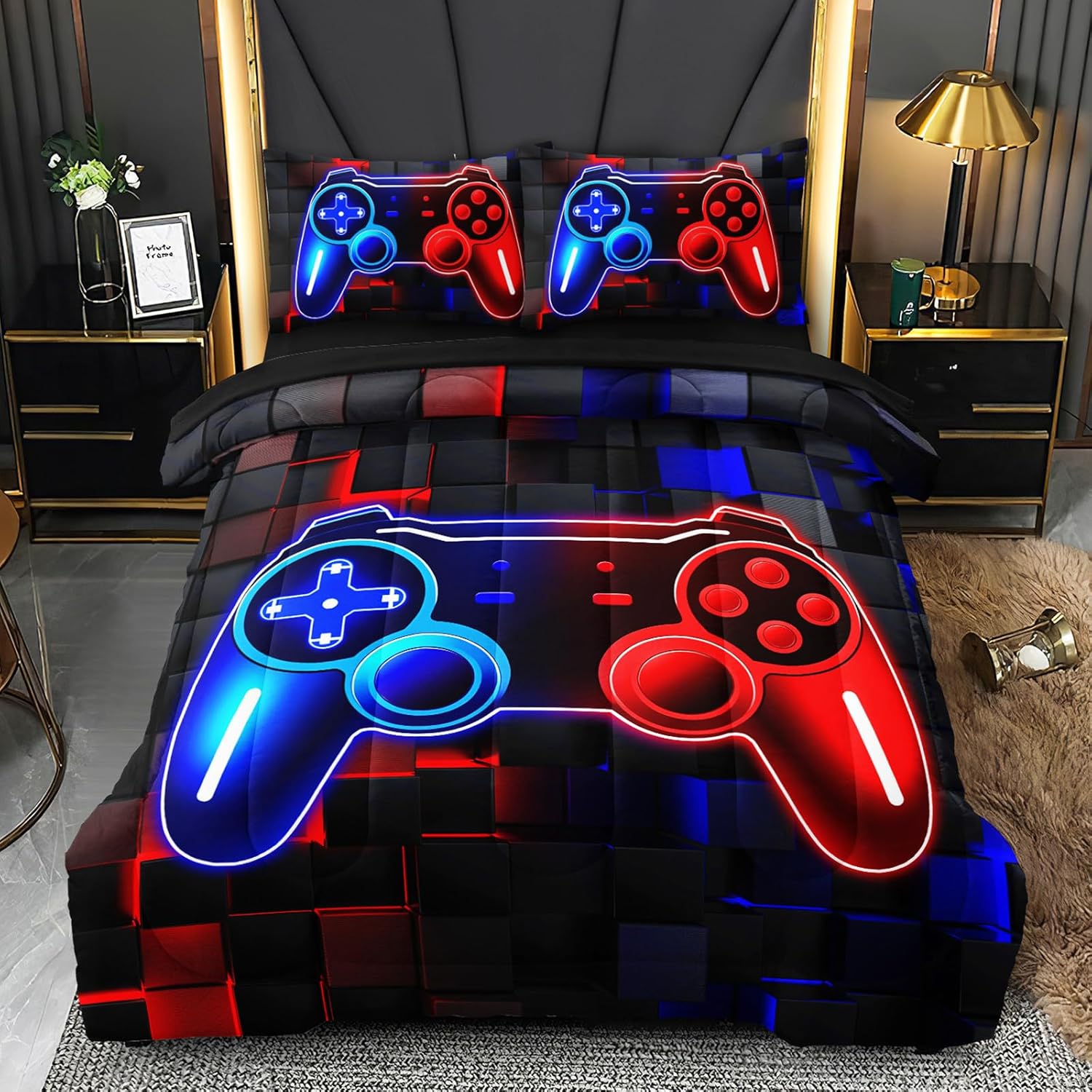 Twin Gamer Bedding Set for Boys, 3 Pcs Gaming Twin Comforter Set for Boys, Kids Twin Bedding Set for All Season