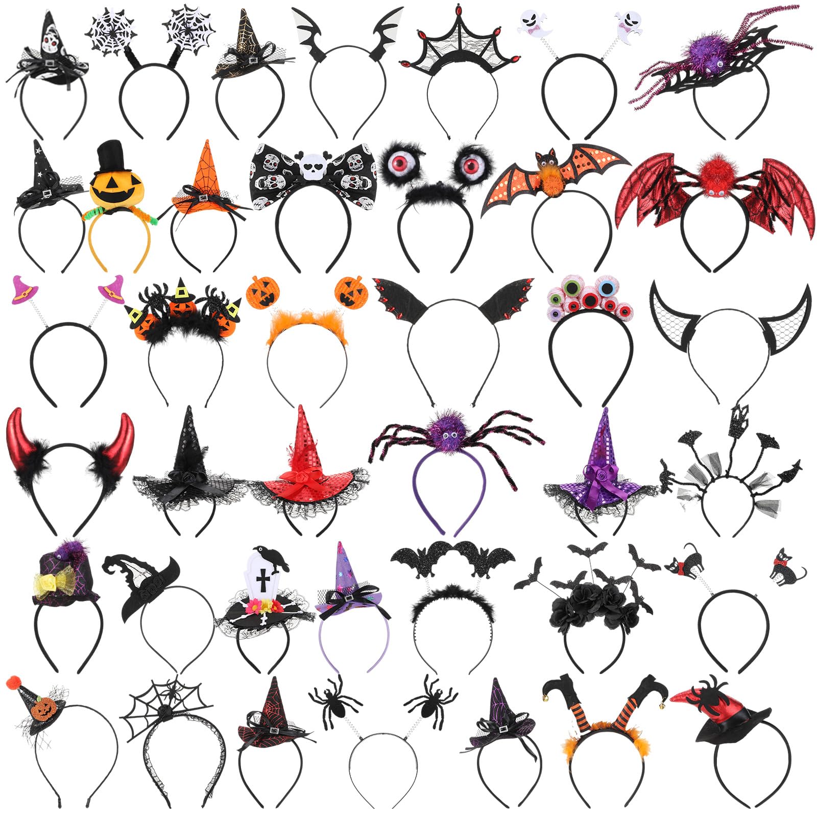 Retrowavy 40 Pcs Halloween Headband Assorted Halloween Element Hair Bat Spider Web Pumpkin Witch Hat Headbands for Adult Cosplay Accessories Costume