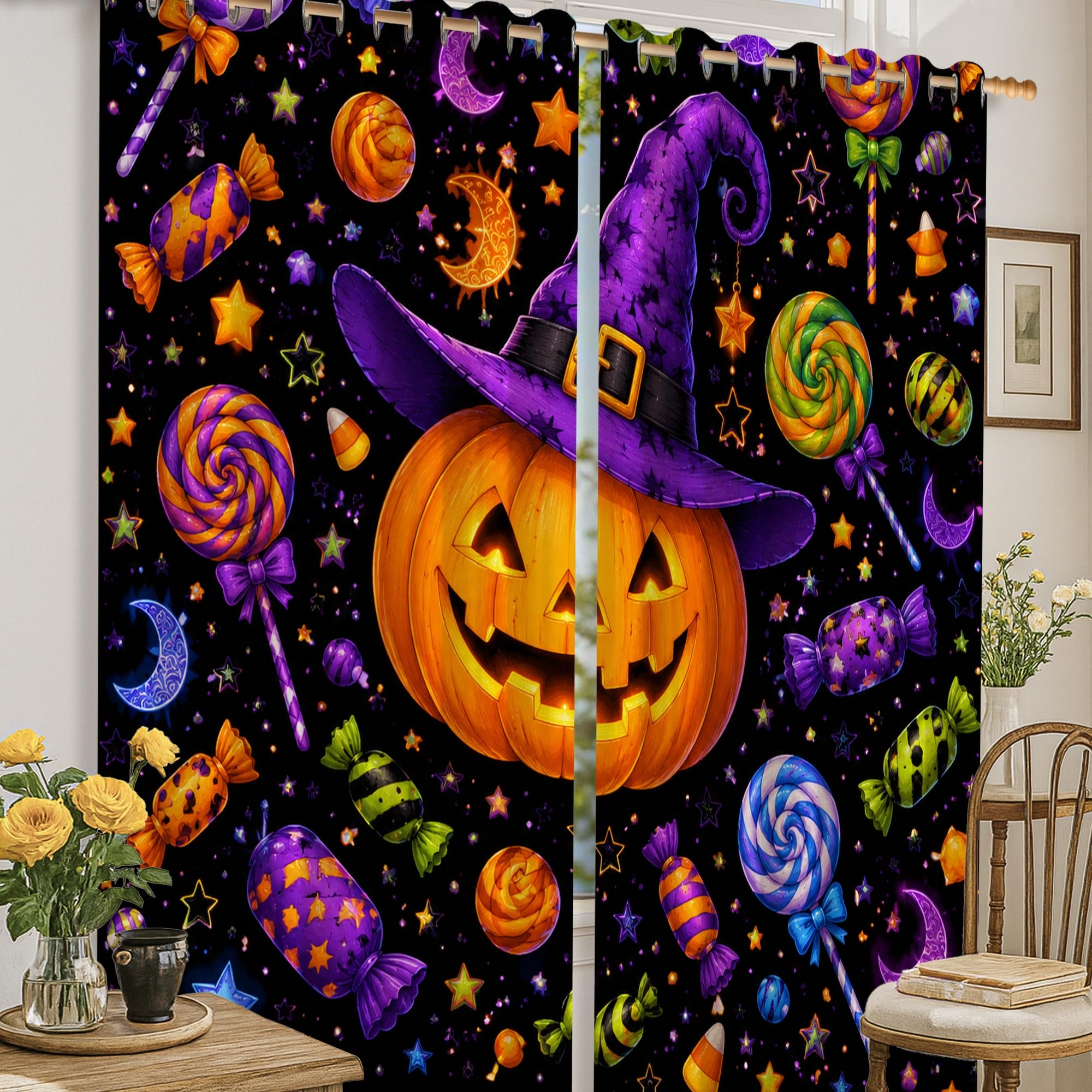 Rideaux occultants haut de gamme à motif citrouilles ludiques 132 x 160 cm