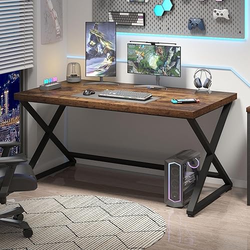 Miniatura 3 de IBF Escritorio rústico para computadora, escritorio industrial de oficina en casa de 47 pulgadas, escritorio de trabajo de metal de madera de granja