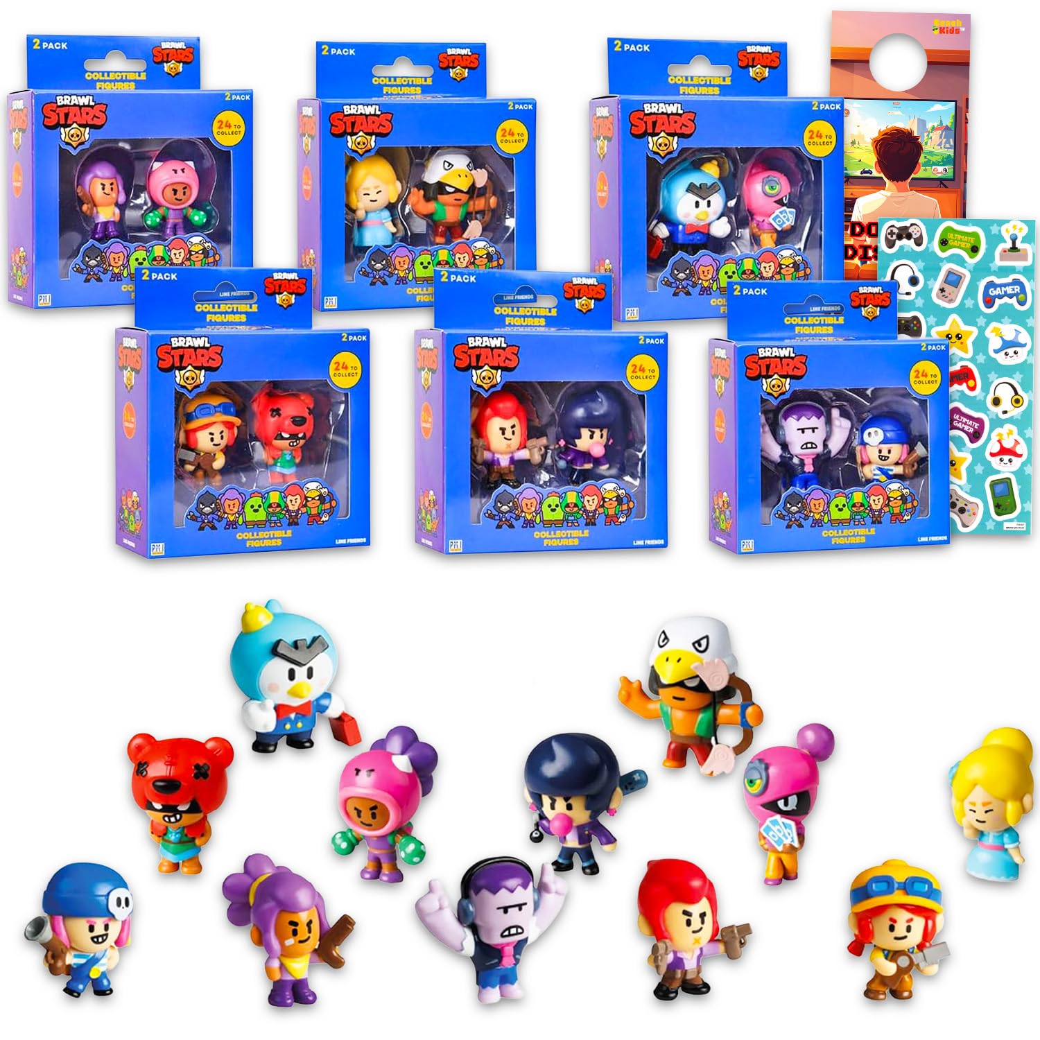 Brawl Stars Mini Figures 12 Pack - Bundle with 12 Video Game Cupcake Topper Figurines Plus Stickers, More | Brawl Stars Party Supplies Set for Boys,