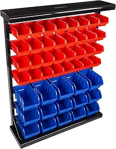 Stalwart 47-Bin Garage Organization Rack (15 Large, 32 Small) - Tabletop or Wall Mount Steel Rack with Removable Stackable Garage Storage Bins, Small Parts Organizer for Hardware or Office Supplies