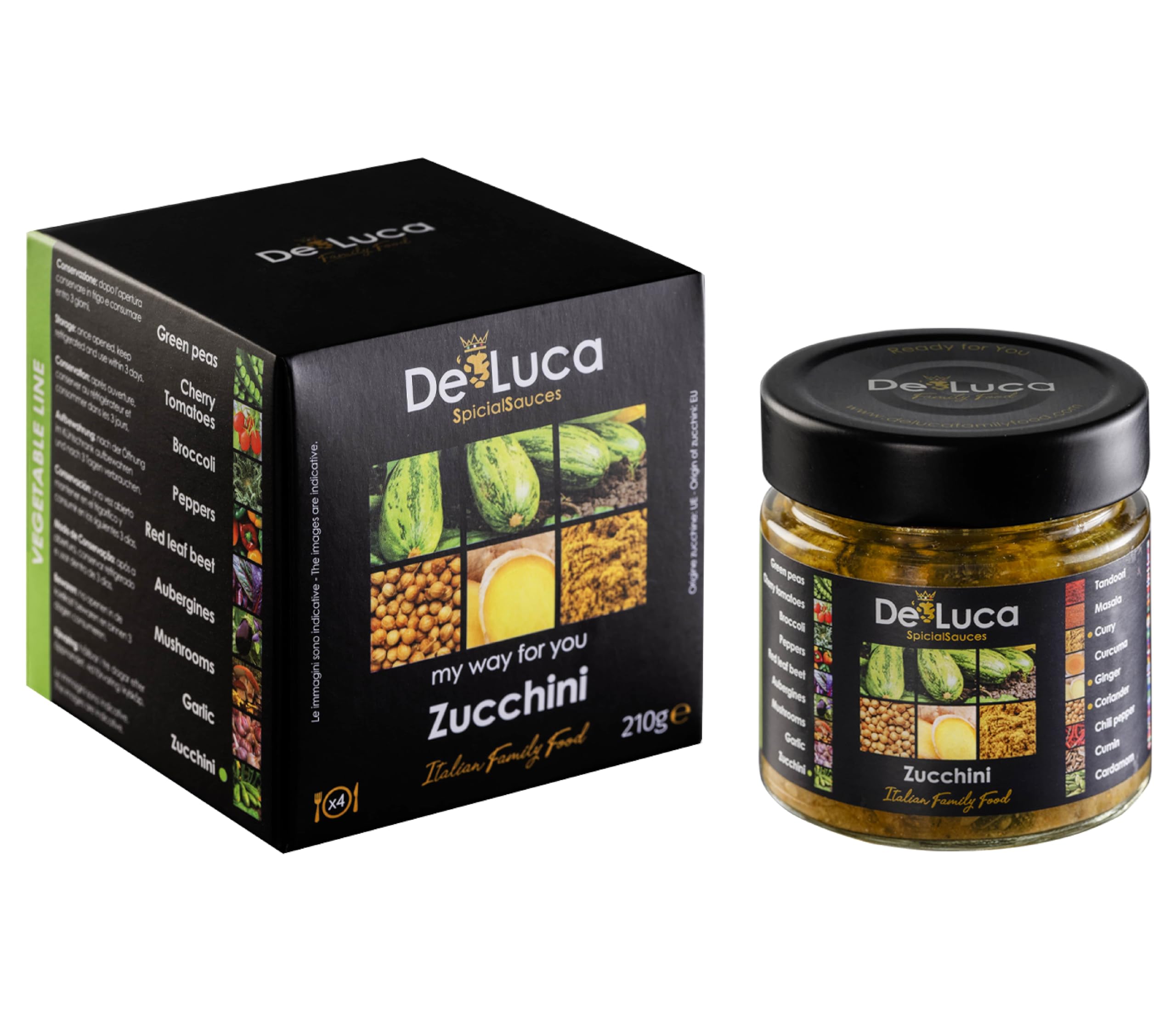 De Luca Family Food: 5 salsas Made in Italy, especiadas y listas para usar. Tomato 220gr, Tomato Tandoori 220gr, Olives Tomato 220gr, Zucchini 210gr, Mushrooms 210gr. Vegetarianos.