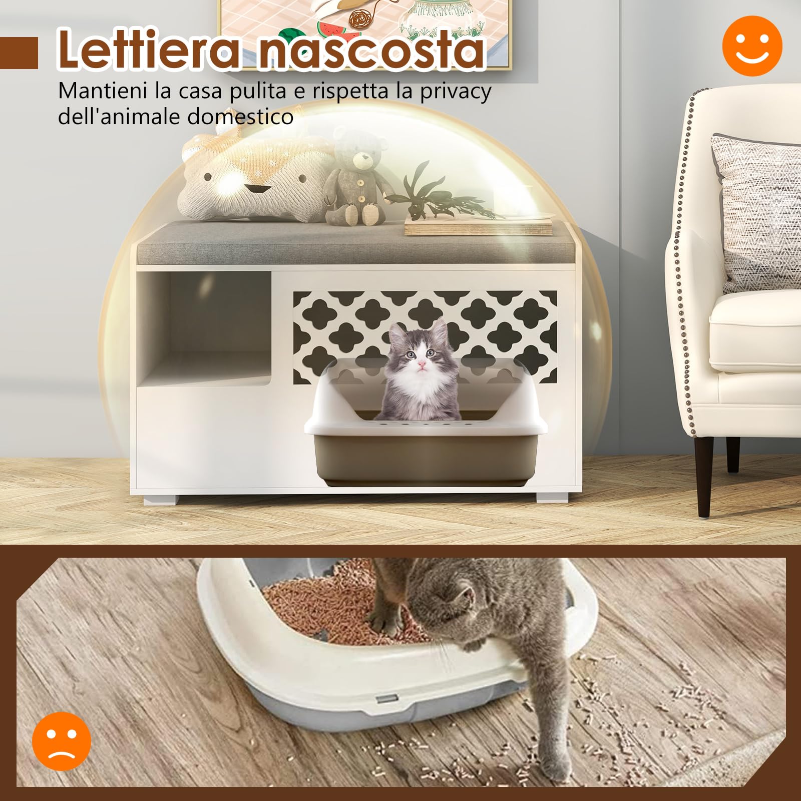 COSTWAY Mobile per Lettiera per Gatti, Panca con Cuscino Rimovibile per Gatti da Interno, Bianco, 90 x 48,5 x 52 cm