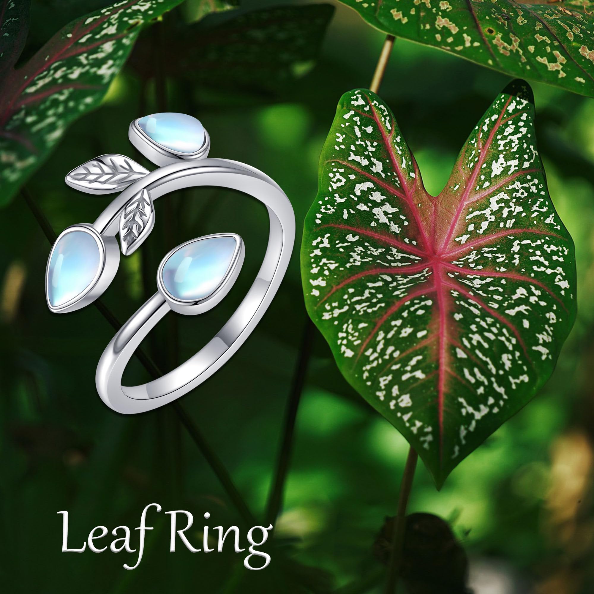 Mondstein Blatt Ring Sterling Silber Einstellbare Band Mondstein Ringe Boho-Schmuck für Frauen