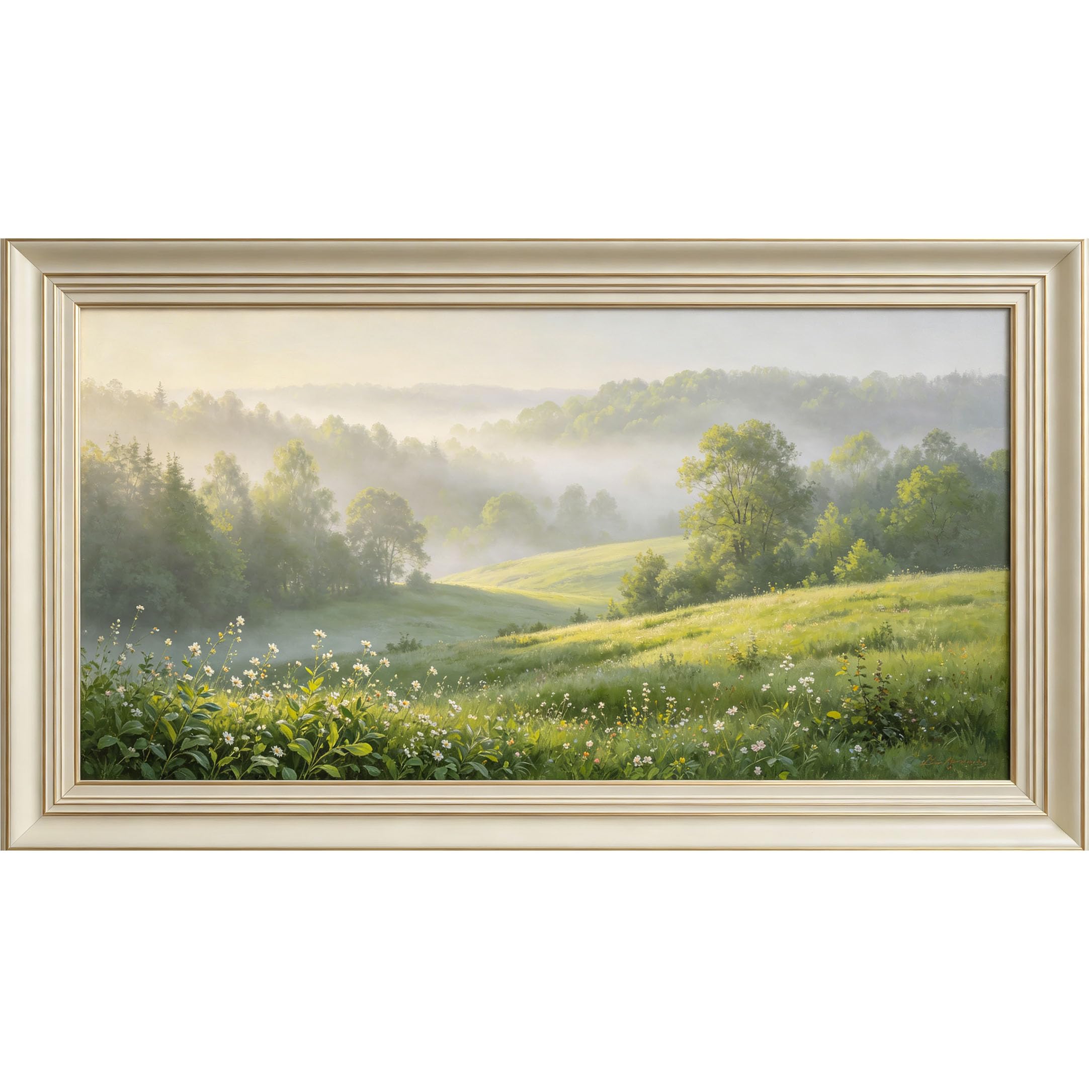 QZLITHOTIC 50x90cm3D Framed Wall Art， Misty Morning Meadow Landscape Self‑Adhesive Mural， Water‑Activated Peel & Stick Fabric Decor Wall Decal for Bedroom Living Room