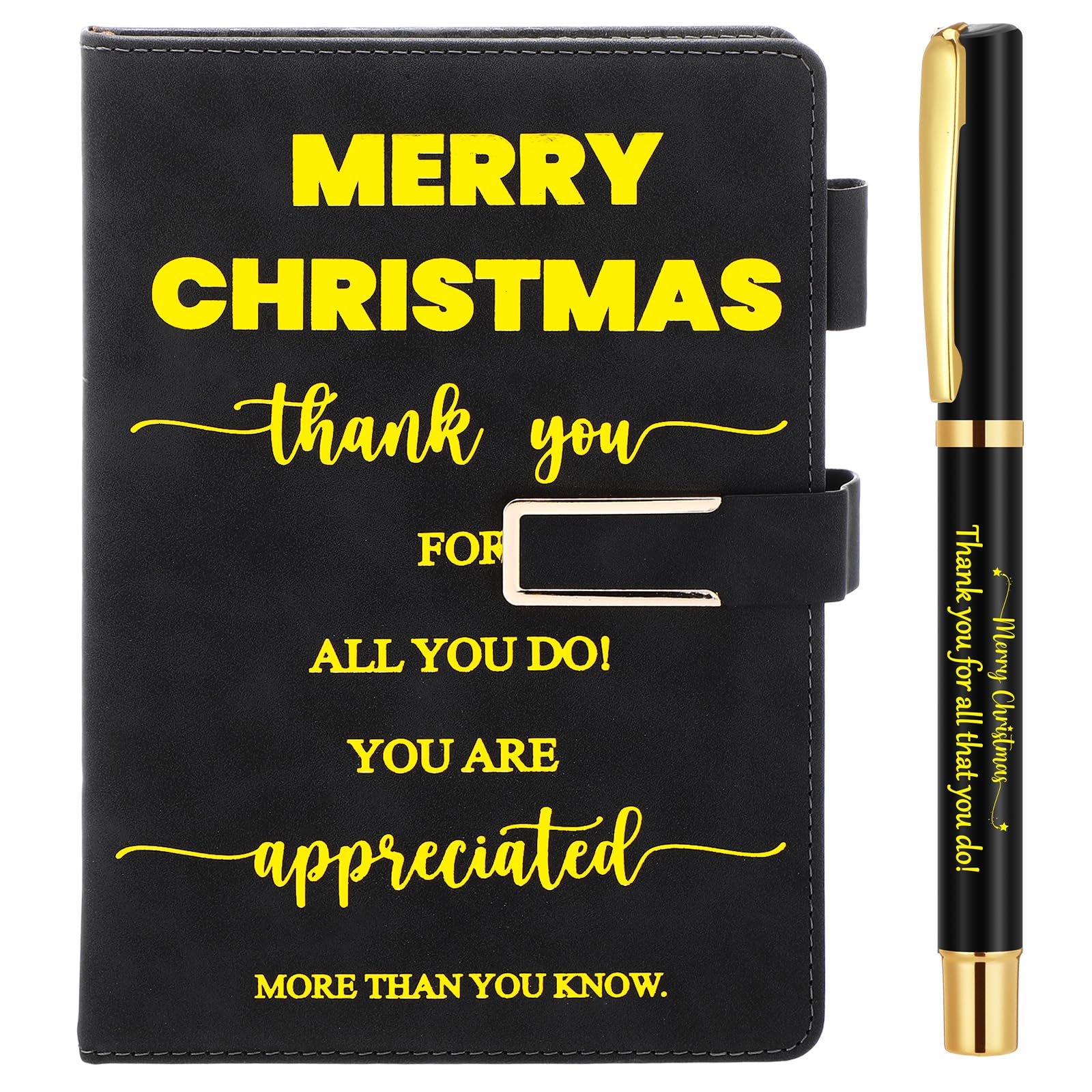 Faccito Christmas Employee Appreciation Thank You Gifts Notebook and Pen Set Christmas Leather Notebook Motivational Ballpoint Pens Leaving Gift Spiral Notepads for Colleagues Friends Coworker (Black)
