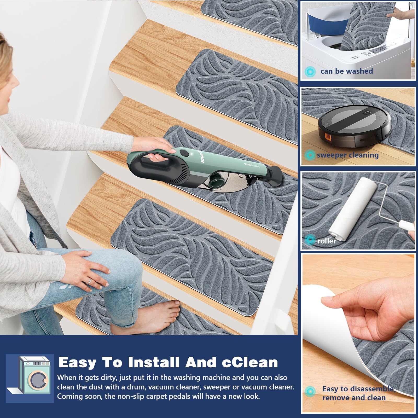 Lot de 7/15 tapis d'escalier antidérapants pour marches en bois – 55 x 18 cm – Auto-adhésif – Tapis de couloir d'intérieur de sécurité pour enfants, personnes âgées et chiens