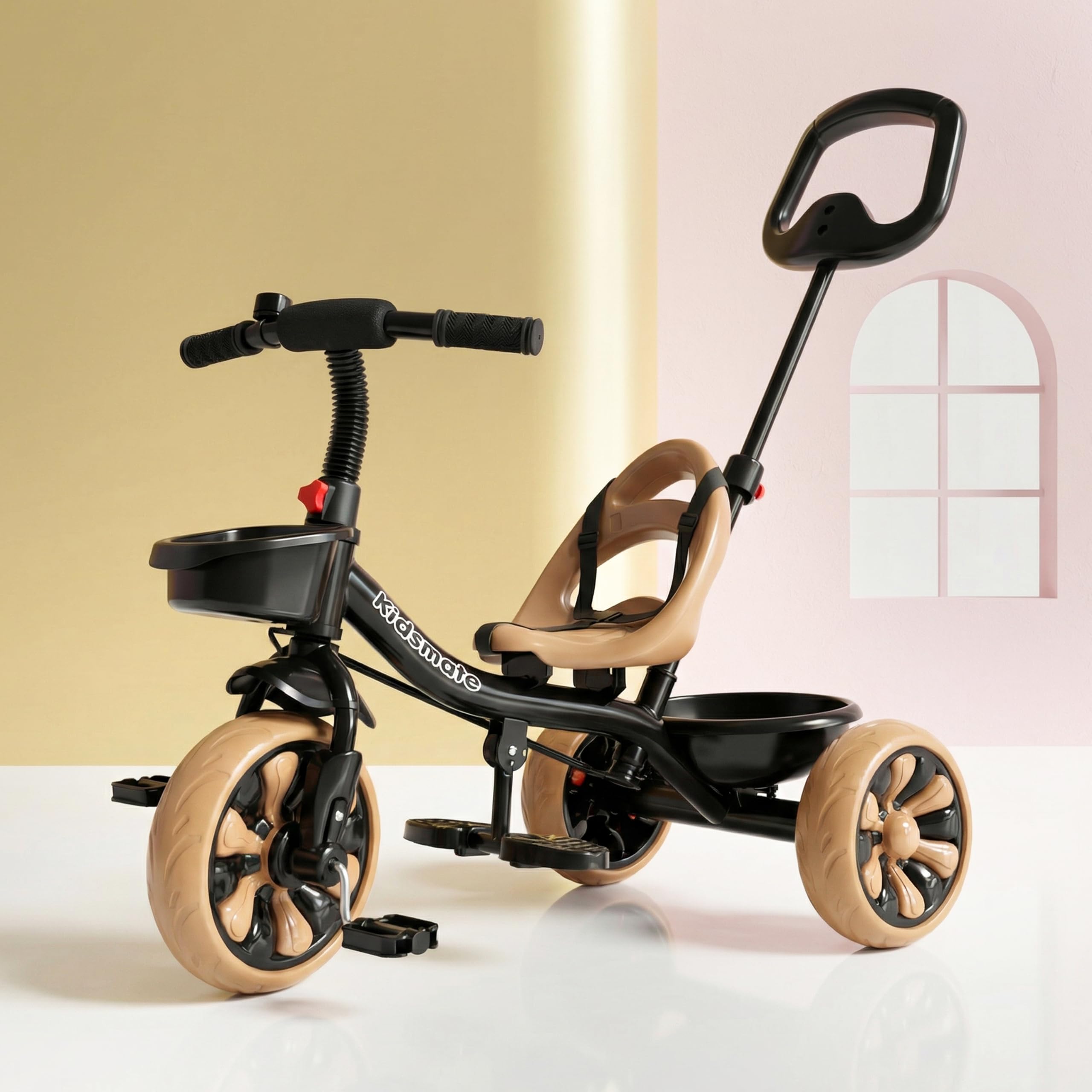 Kidsmate Junior Tricycle for Kids with Parental Control | Cycle for Kids 1-4 Years | Baby Cycle | Bicycle with Storage Basket, Cushion Seat and Seat Belt Carrying Capacity 30 Kgs (Caramel-Black)-image-46