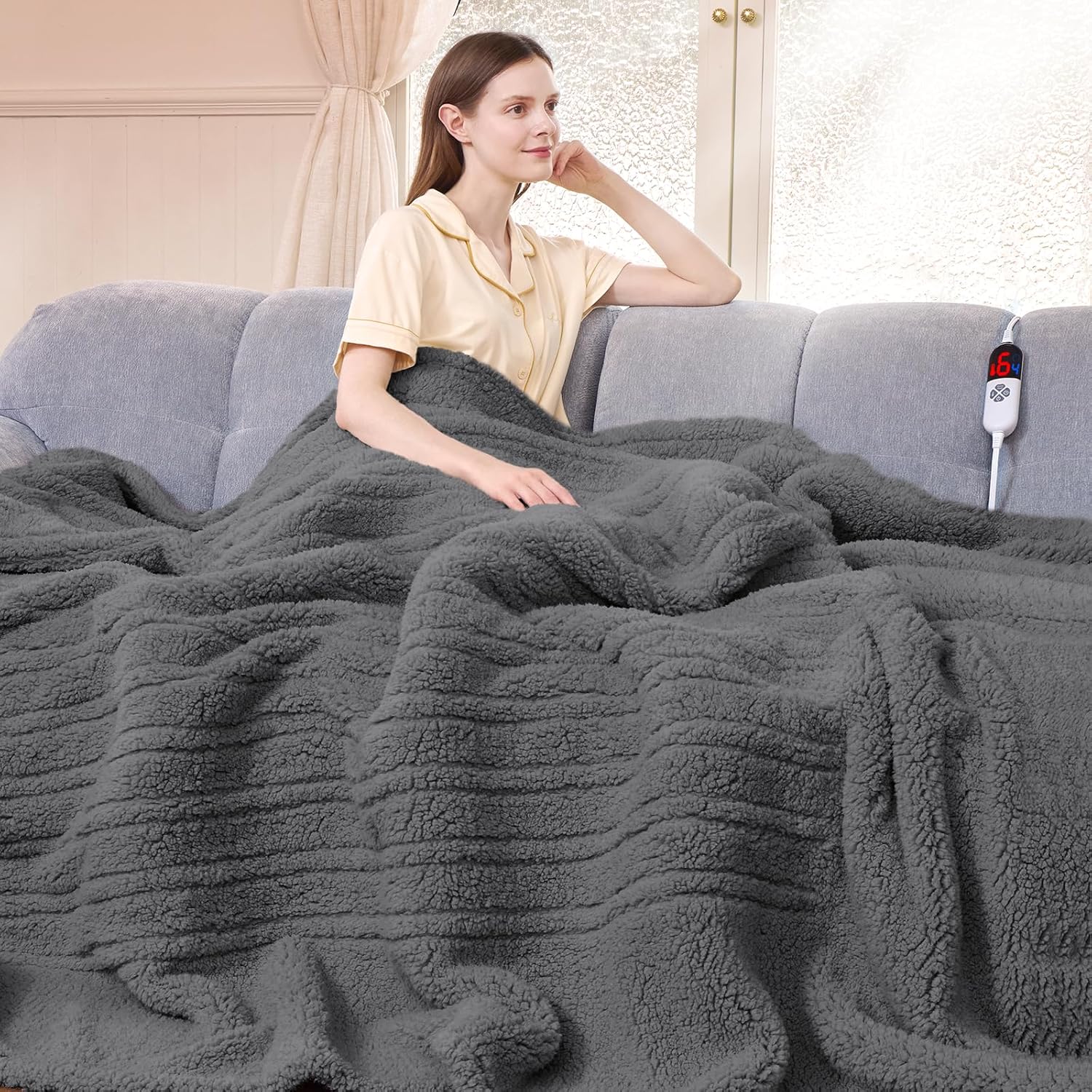 Heated Blanket Full Size 72"X84" Grey - Soft Double Sided Sherpa Electric Blanket Full Size with LED Display, 6 Heating Levels & 10 hrs Timer, Machine Washable & Fast Heating, Gift for Women 3-grey 72"X84"