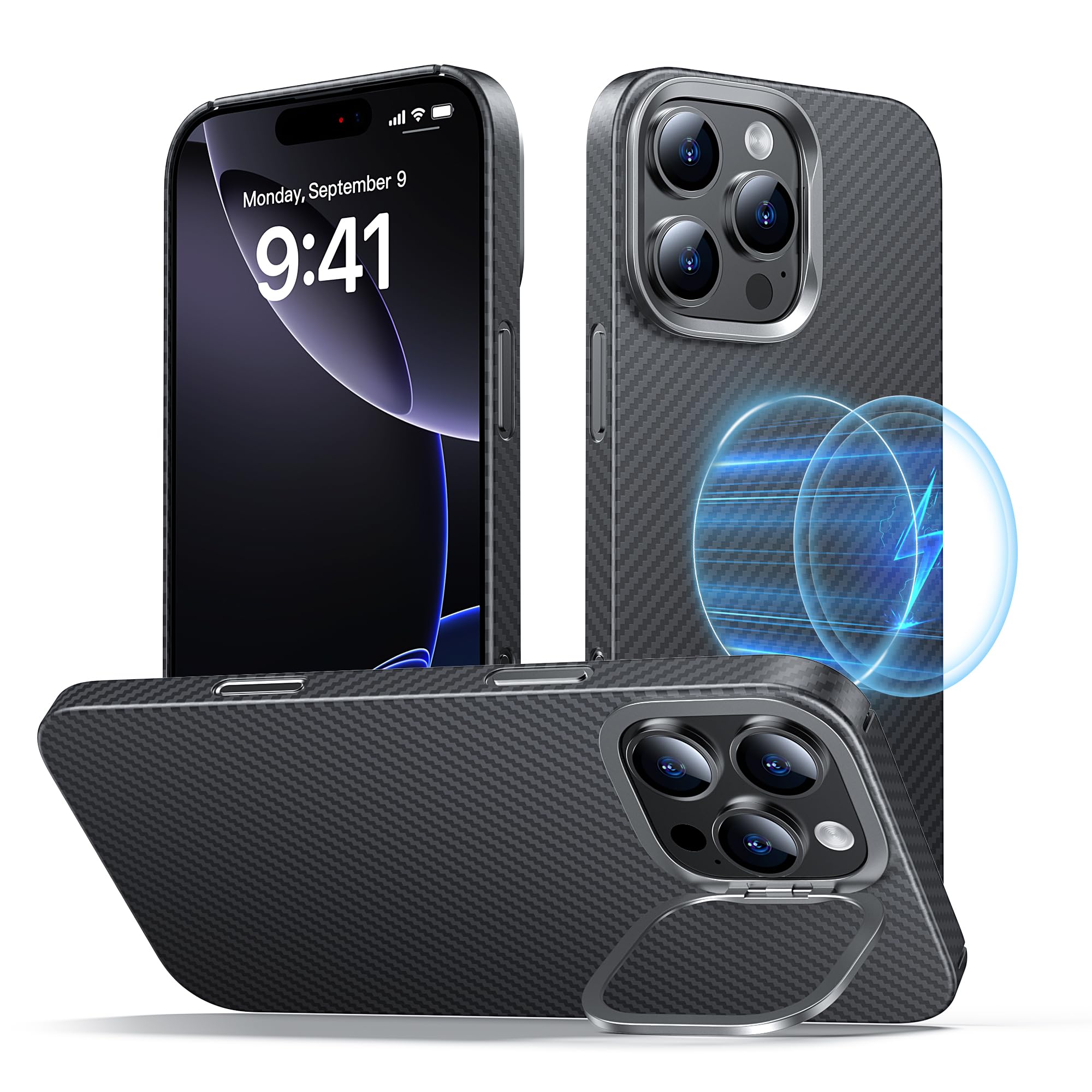 YFVLKEE Magnetic for iPhone 16 Pro Max Case Carbon Fiber with Camera Stand [Compatible with MagSafe] [Ultra Slim & Caseless Feel] [600D Aramid Fiber