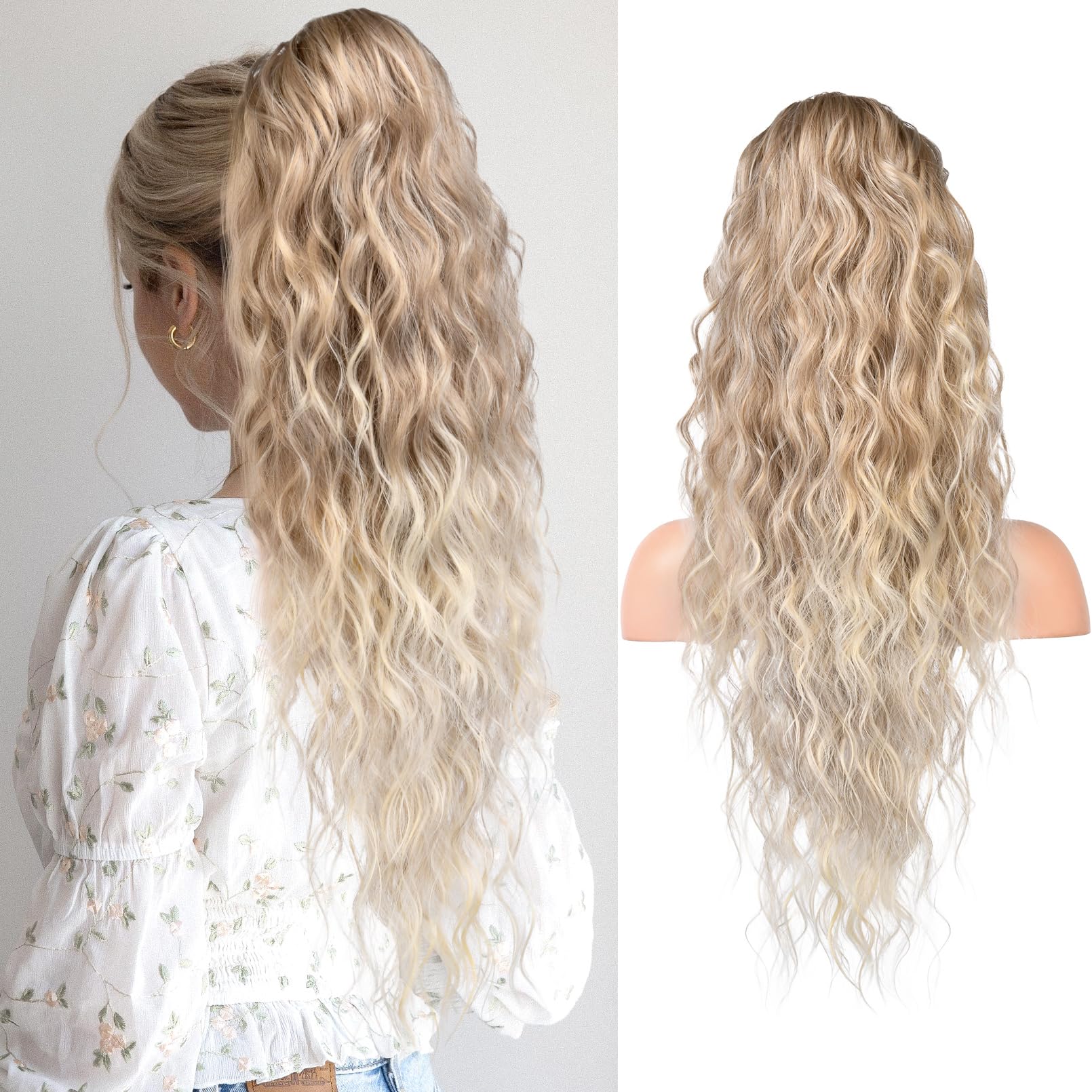 REECHO Ponytail Extension, 26" Long Beach Wave Drawstring Pony Hair Extension Synthetic Pony Tail Hairpiece for Women