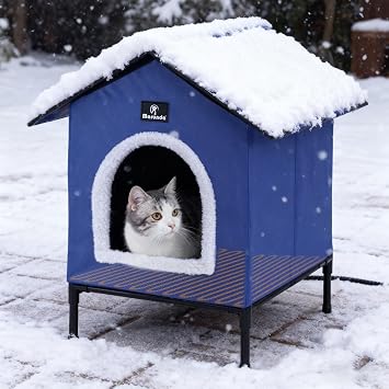 Heated Cat Houses for Outdoor Cats in Winter, Heated cat House for Indoor and Kitty Shelter for Your Pet to Stay Warm and Cozy,Easy to Assemble. Dark Blue, Small
