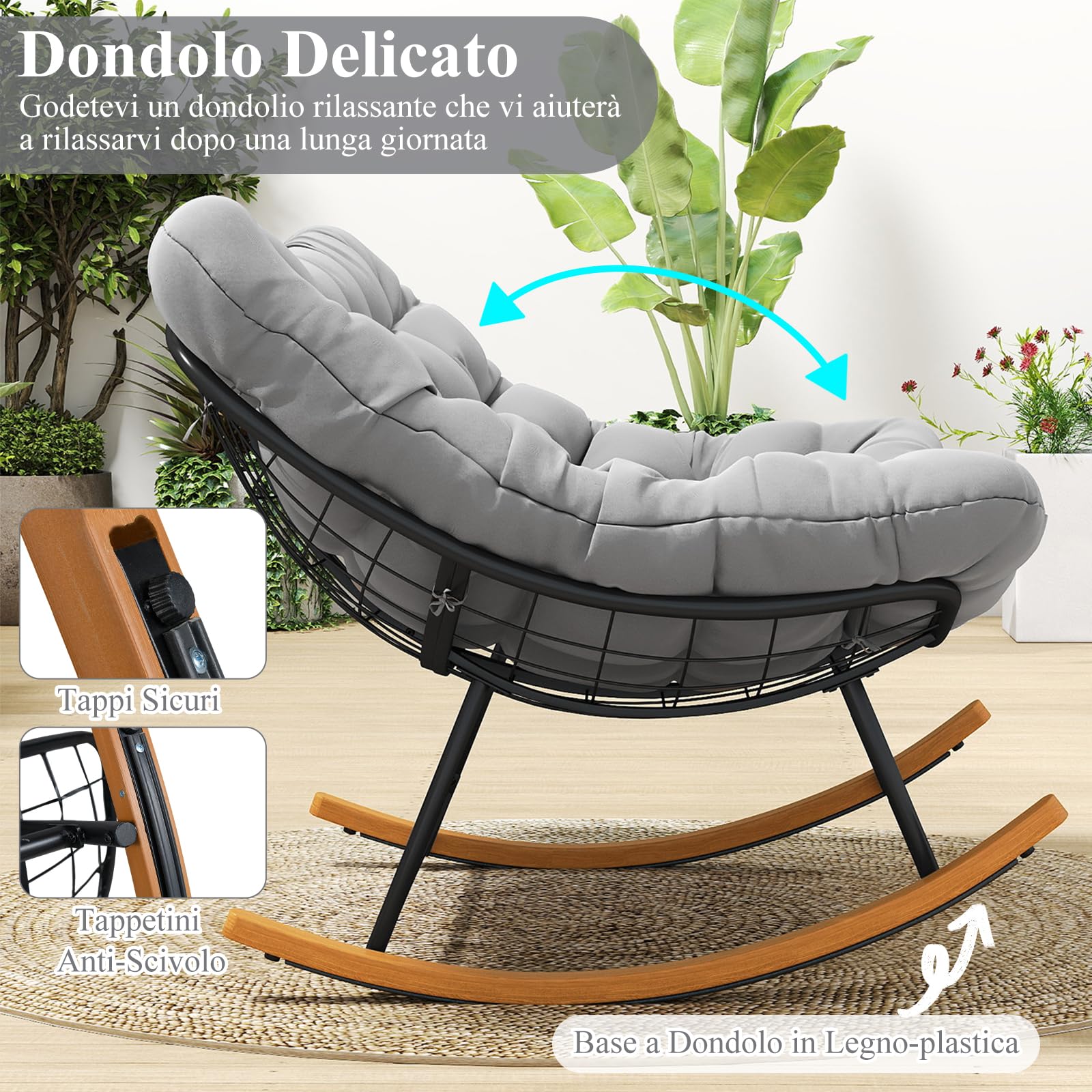 RELAX4LIFE Sedia a Dondolo a 2 Posti da Interno ed Esterno con Comodo Cuscino Imbottito, Dondolio Delicato per il Relax, Sedia a Dondolo Moderna per Soggiorno, Giardino, Cortile, Grigia