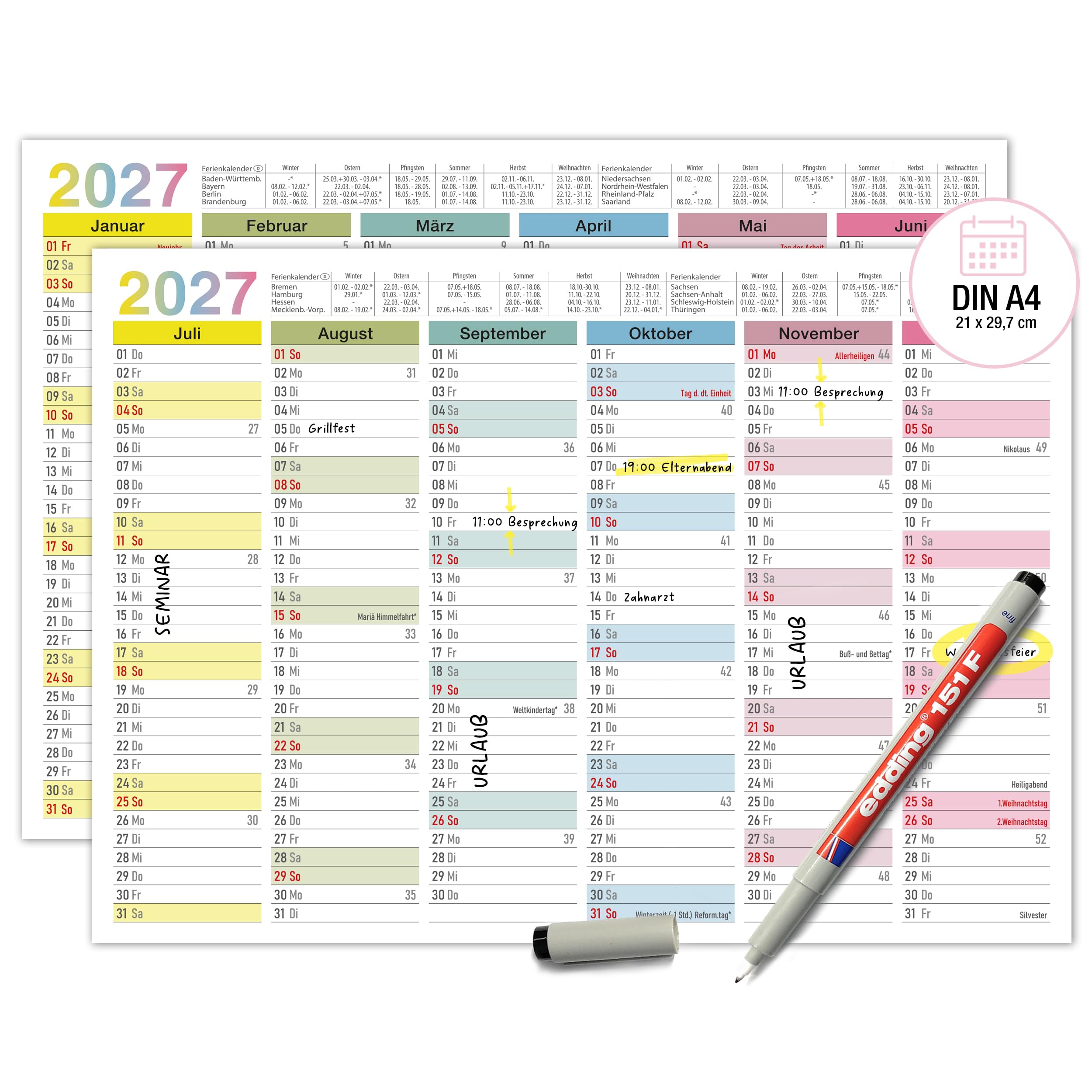 TOBJA Zmywalny kalendarz ścienny 2026, A4 - "kolorowy" planer roczny 2026, zmywalny, w zestawie długopis. Kalendarz tablicowy 2026, wytrzymały kalendarz A4 (zmywalny + 1 długopis)