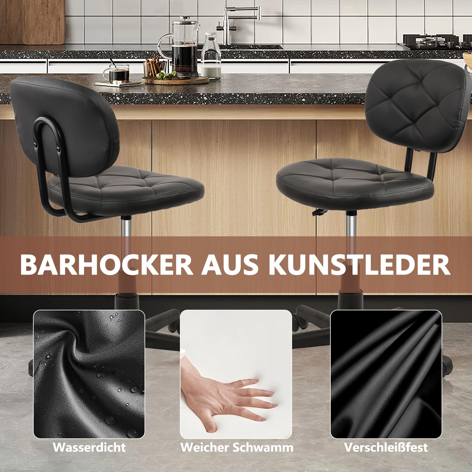 Klasika Drehhocker mit Hochwertigem PU-Kunstleder Rückenlehne 360° Drehbar und Höhenverstellbar Ergonomischer Multifunktionaler Arbeits Hocker Bequem für Salon Spa Garage Bar Schwarz 1er Set