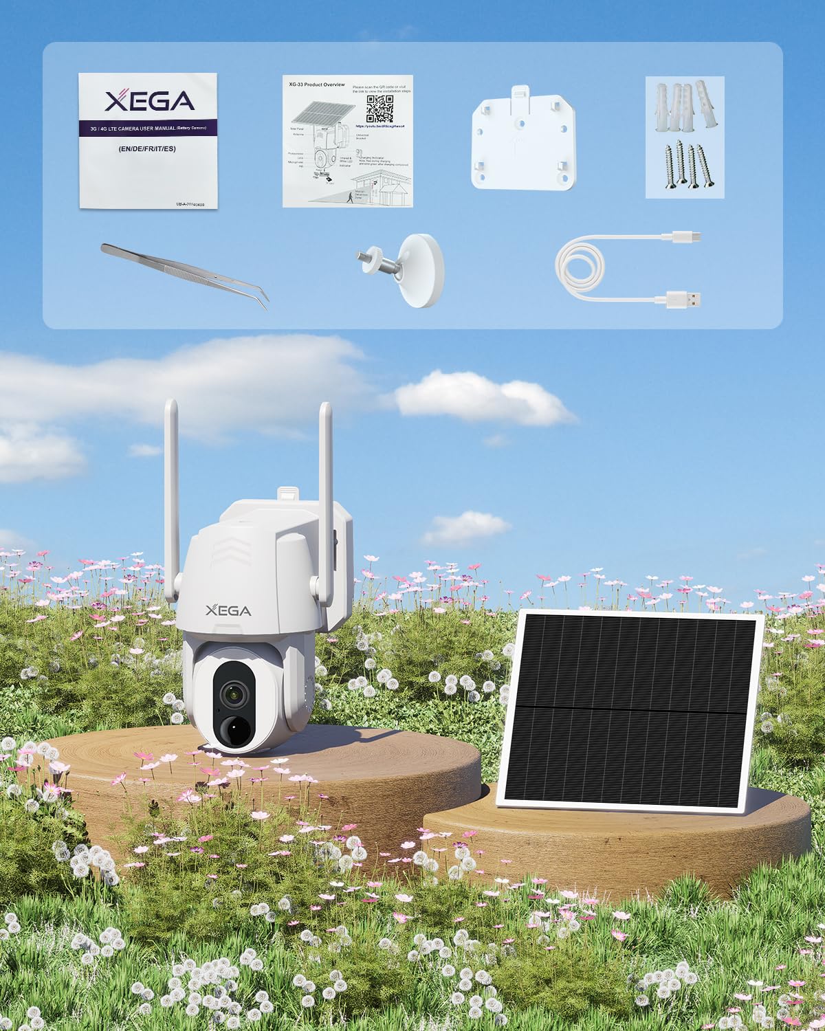 Xega Telecamera Esterno 4G LTE con Pannello Solare con SIM, Senza Wifi, 2K | Circolare 500 Lumen, Audio bidirezionale, Visione notturna colori,IP66, PTZ,Videocamera Senza Fili, Abbonamento pagante