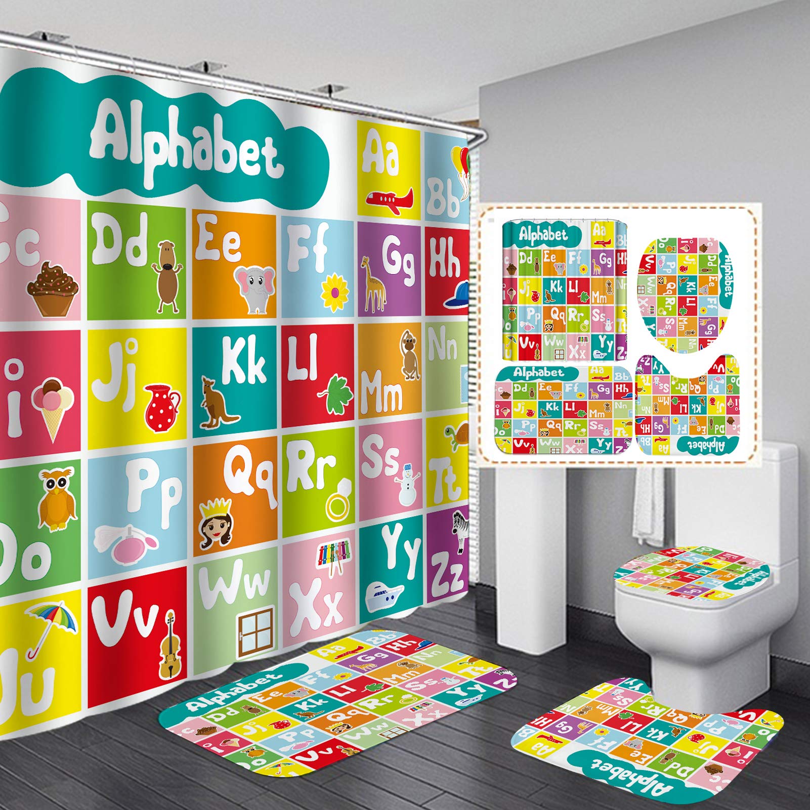 4Pcs Alphabet Shower Curtain for Bathroom, ABC Educational Learning Shower Curtain Set for Kids and Babies, Shower Curtain with Rugs Bath Mats Toilet Lid Cover (71 Inch x 71 Inch)