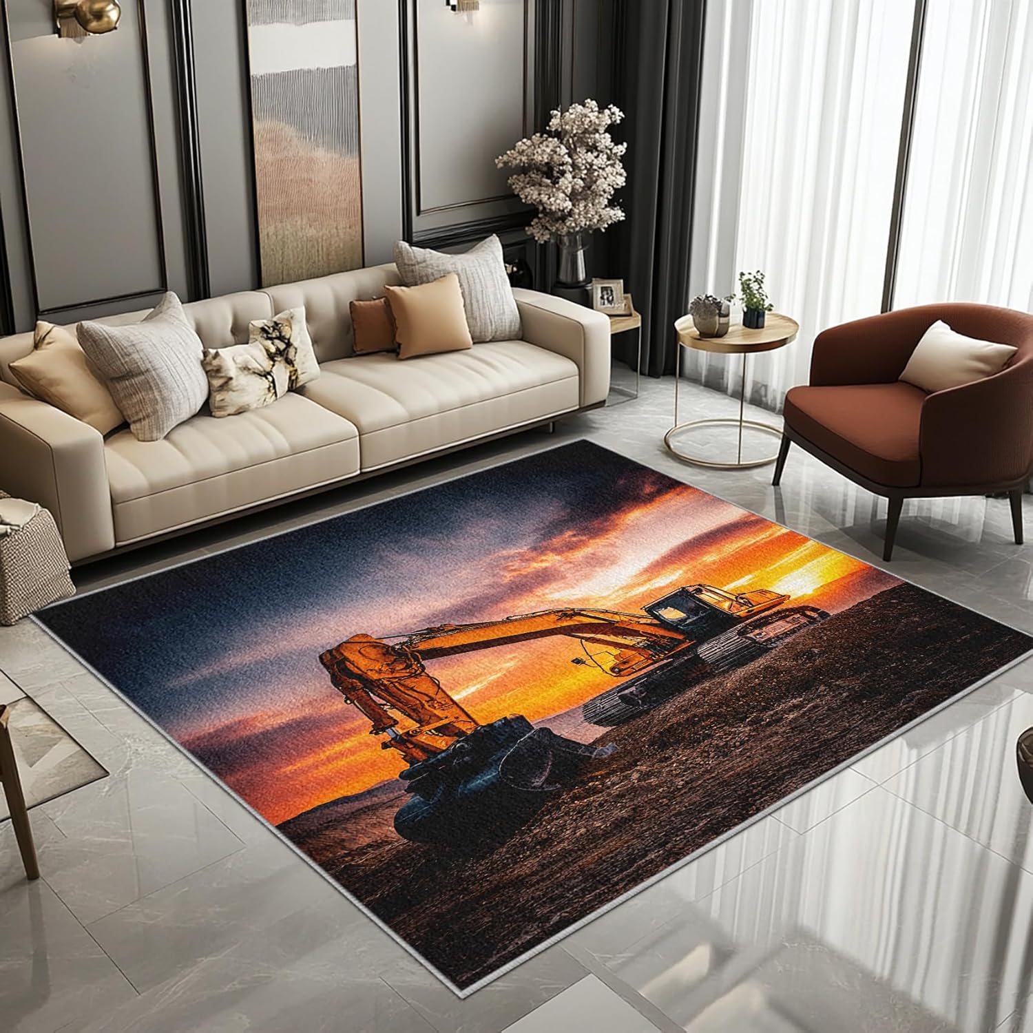 Excavator Rugs for Living Room 9x12, Sunset Construction Vehicle Pattern Design Area Rug, Industrial Bedroom Decor Carpet, Washable Large Soft Low Pile Non Slip for Home Decor H374ll