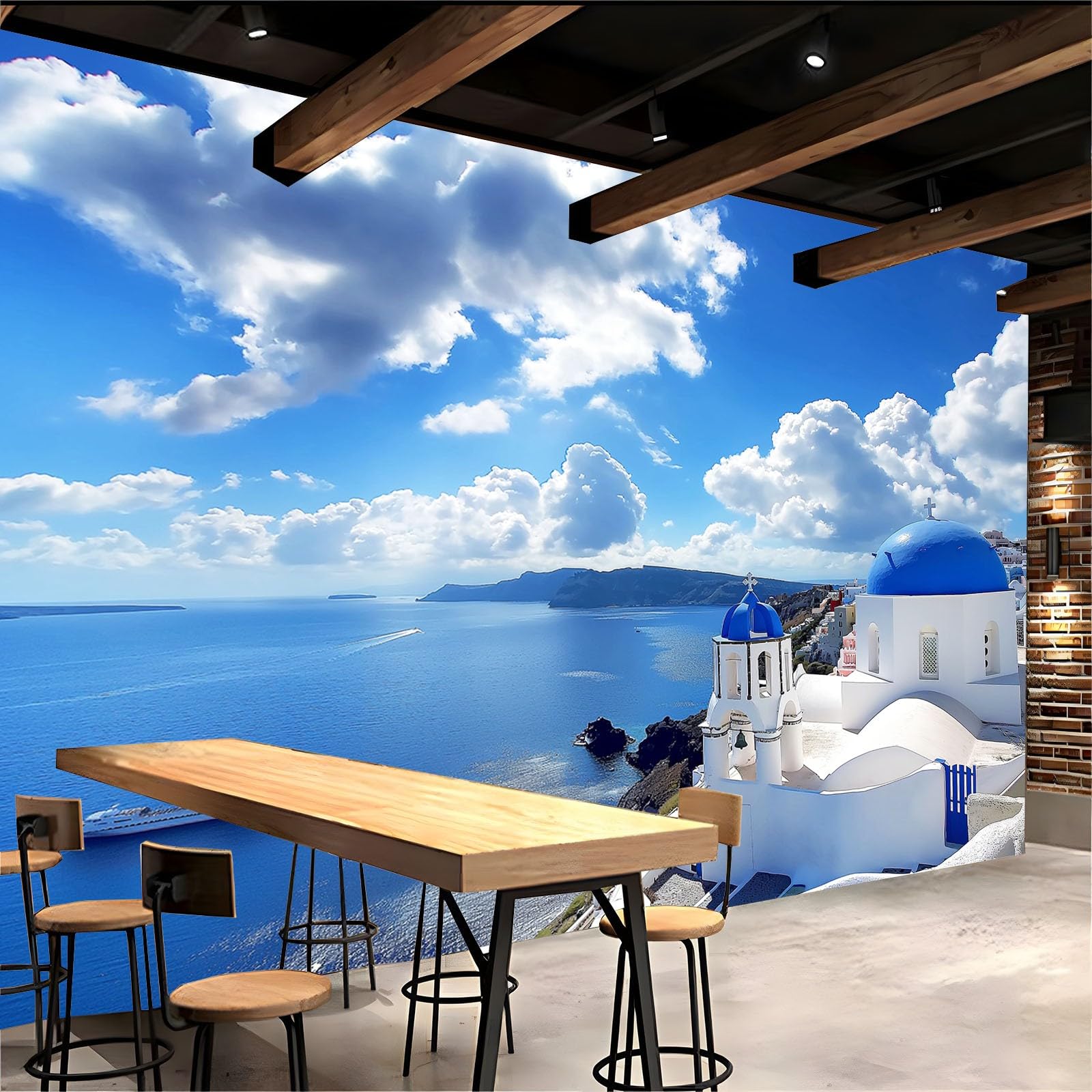 Blu Carta da Parati 3d Paesaggio dell'isola di Santorini in Grecia Fotomurali in TNT Sfondo Murale Moderne Decorazione Soggiorno Camera de Letto Sala Ufficio TV Sfondo 300x210 cm