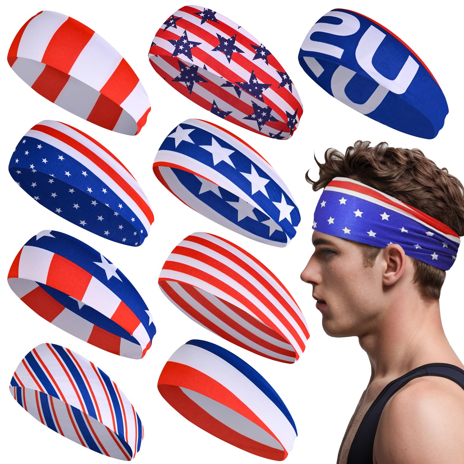 Sports Headband for Men 9 Pack Sweat Headbands for Men Running Workout Headbands Wide Sweatband Mens Stretchy Headband for Running Cycling Football Basketball Yoga