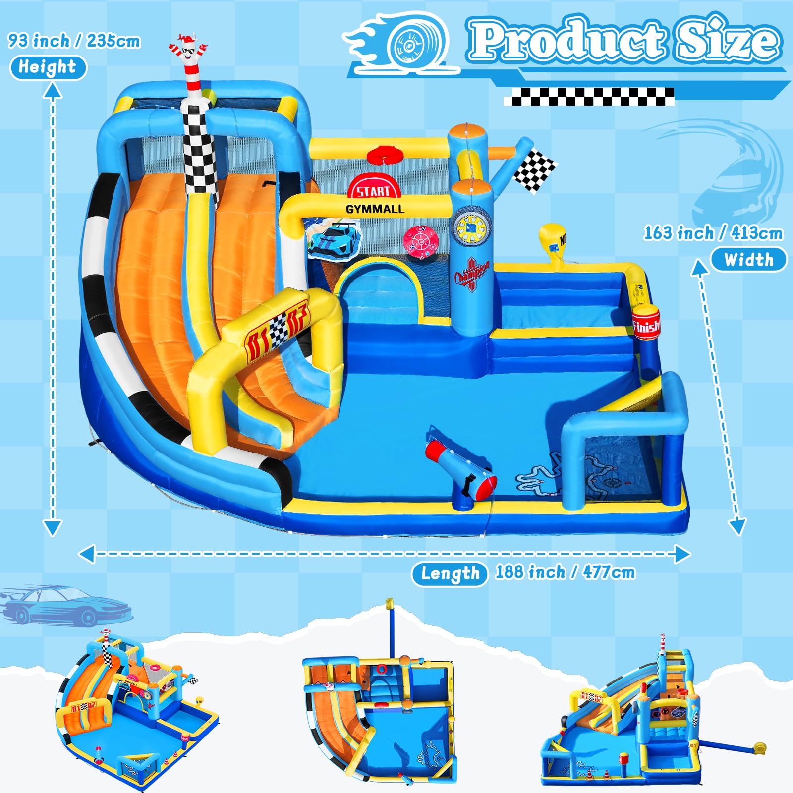 Château Gonflable de Course pour Enfants, Grand Château Gonflable 12 en 1 avec Souffleur 750W, Double Toboggan Aquatique, Pataugeoire, Zone de Saut, adapté pour l'intérieur et l'extérieur