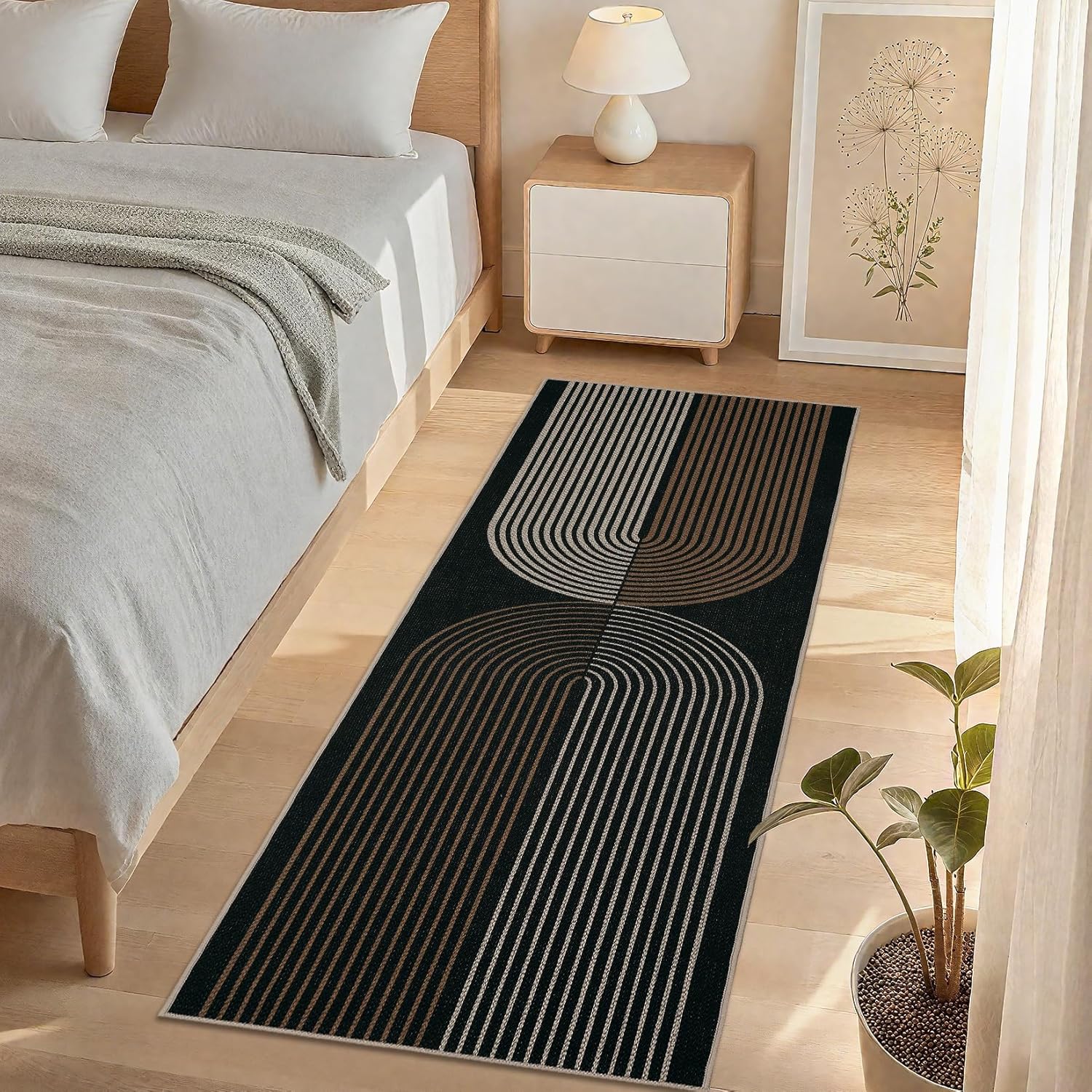 Garvee Easy Jute Entryway Rugs Indoor 2x6 Washable Runner Rug with Non Slip Backing, Arch Striped Non Shedding Stain Resistant Carpet, Modern Geometric Farmhouse Mats for Kitchen, Bedroom, Black/Brown