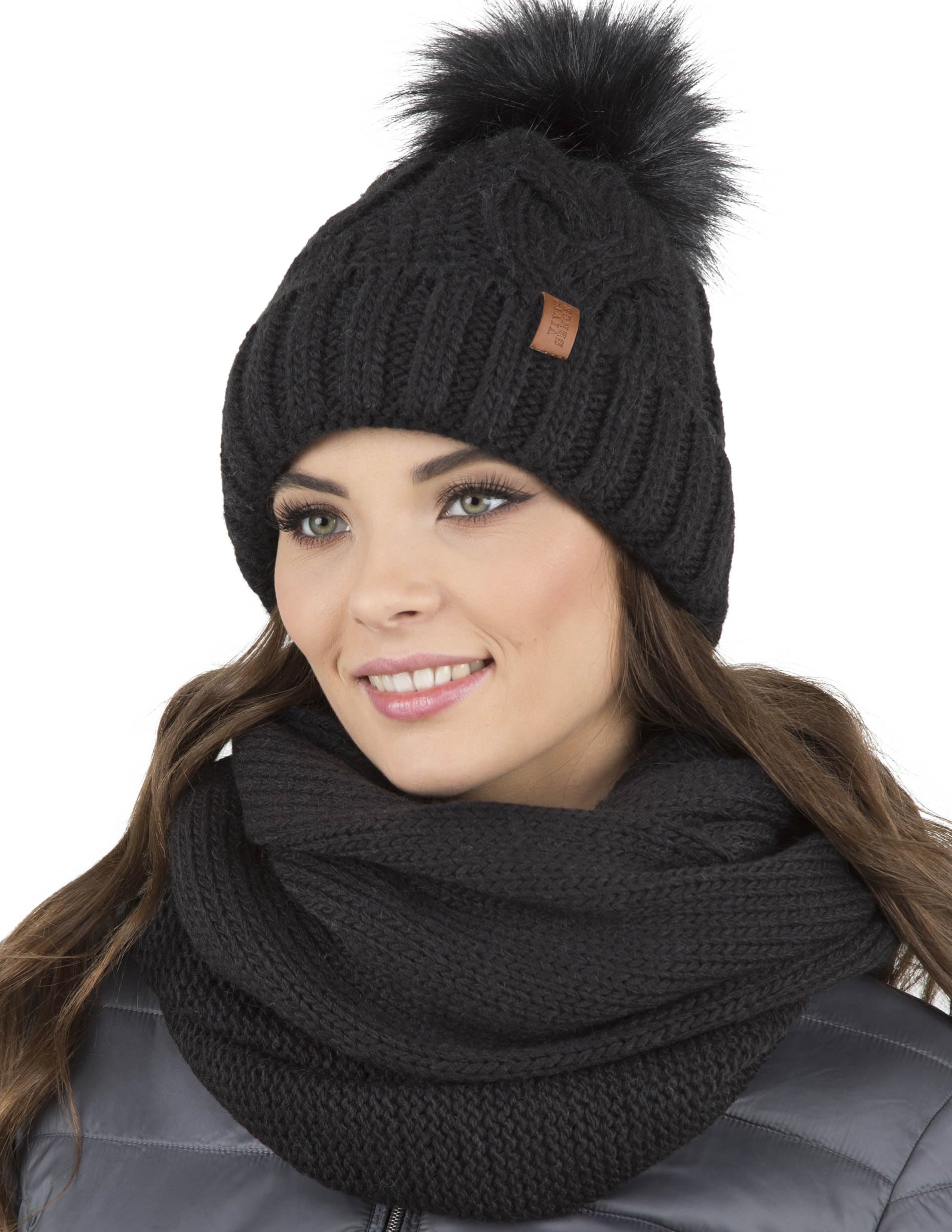 Vivisence Stylish Women's Winter Set Including Pompom Hat and Cozy Snood Scarf Made from Soft and Warm Fabric Smooth Fleece Lining Ideal for Cold Days, Black,UNI