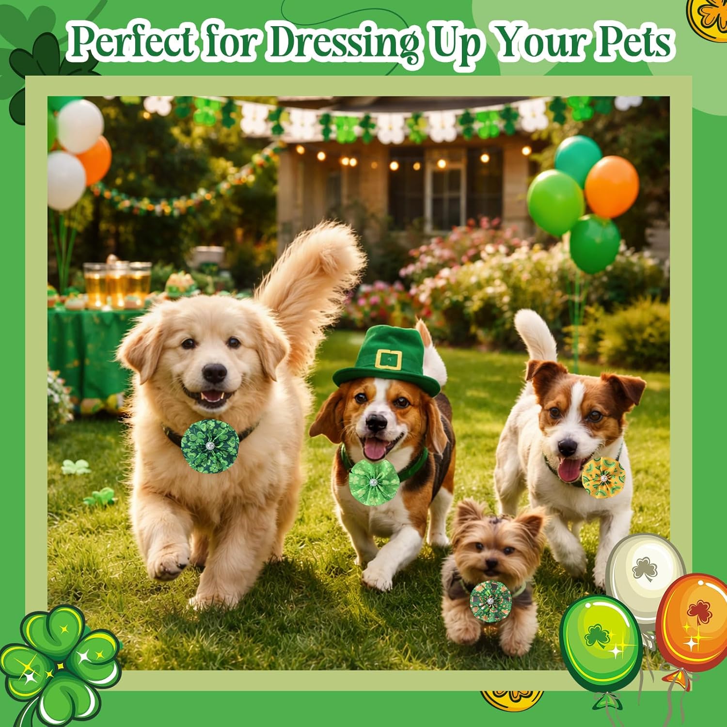Sweetude 100 Pcs St. Patrick's Day Dog Collar Flowers Charms Bulk Shamrock Pet Flower Collar Bow Ties Dog Accessories Grooming Supplies Puppy Bows Slides Attachment for Small Medium Large Cat