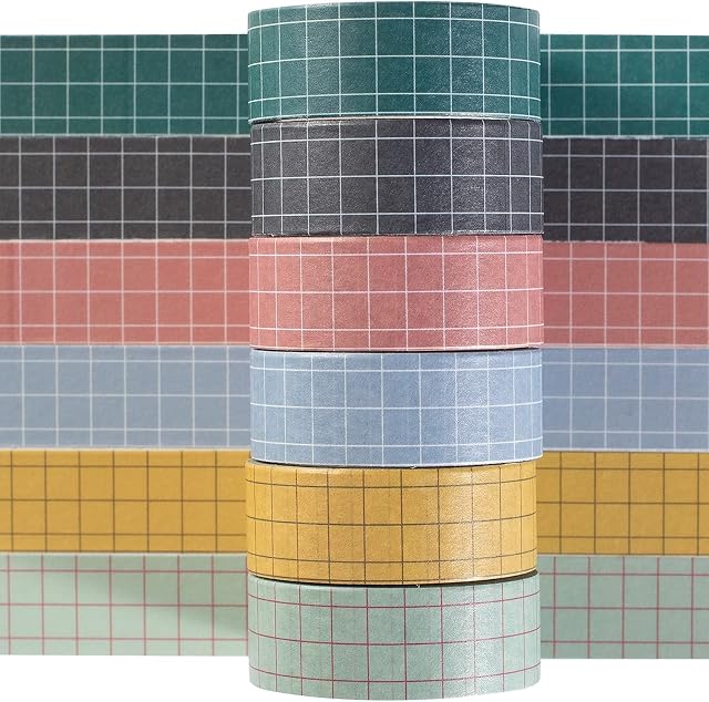 YUBX Grid Washi Tape Set 6 Roll Decorative Tapes for DIY Crafts, Bullet Journals, Planners, Scrapbooking, Wrapping