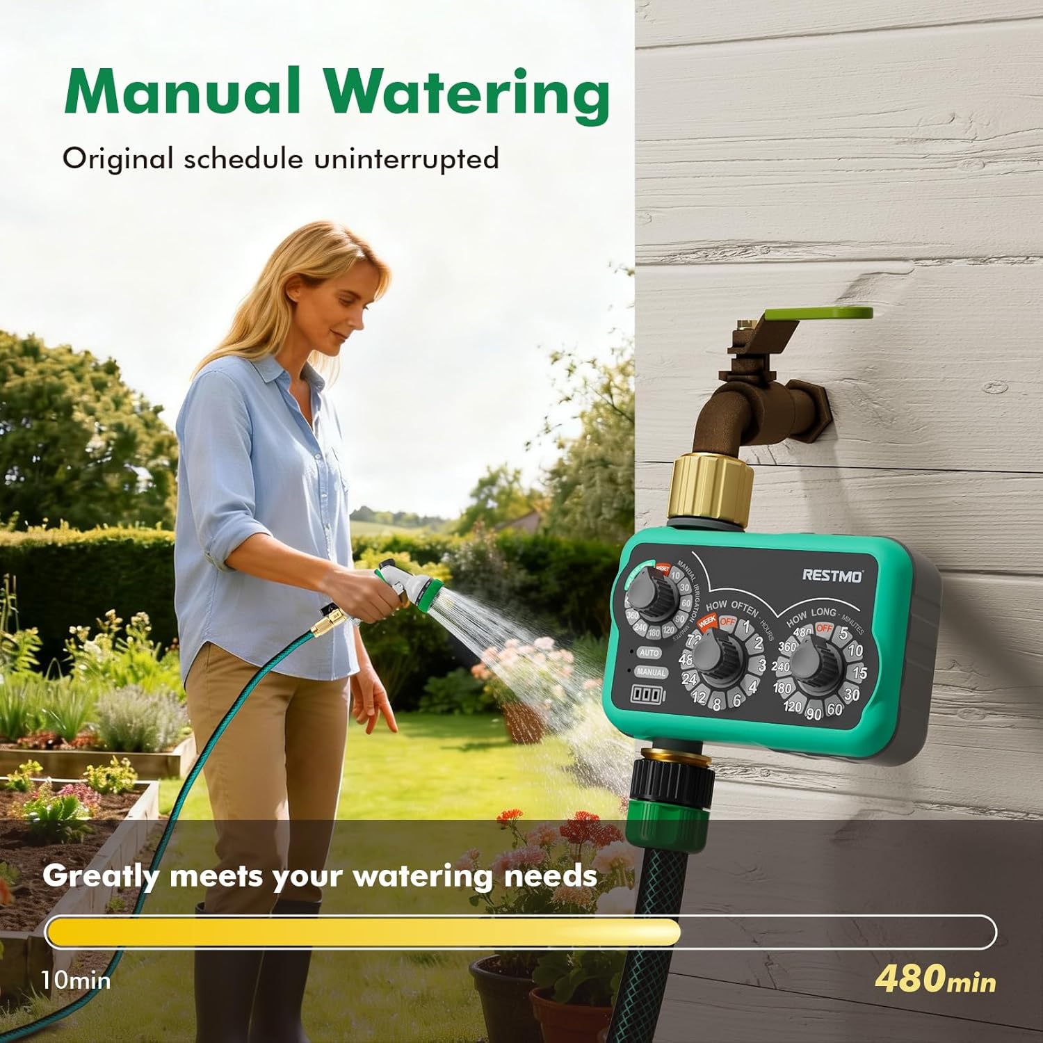 RESTMO 3-Dial Analog Sprinkler Timer with Brass Inlet & Outlet, Mechnical Water Timer for Garden Hose with Manual/Rain Delay, Automatic Drip Irrigation System, 480 Minutes Max Watering, Easy to Set Up