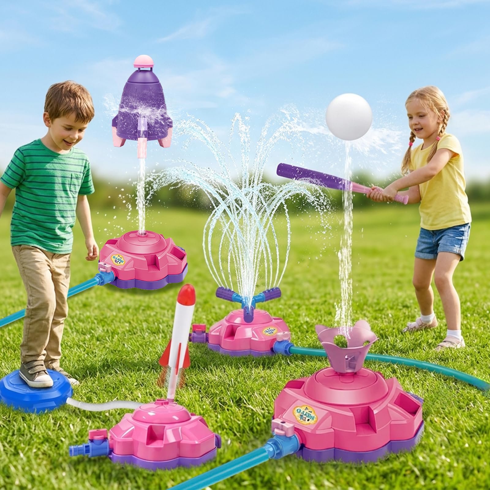 Rocket Launcher Toys for Kids, 4-in-1 Garden Water Sprinkler with Water Baseball + Rotating Water Spray + Rocket Launcher + Stomp Rocket, Summer Outdoor Toys for Yard Lawn Water Games Gifts for Kids