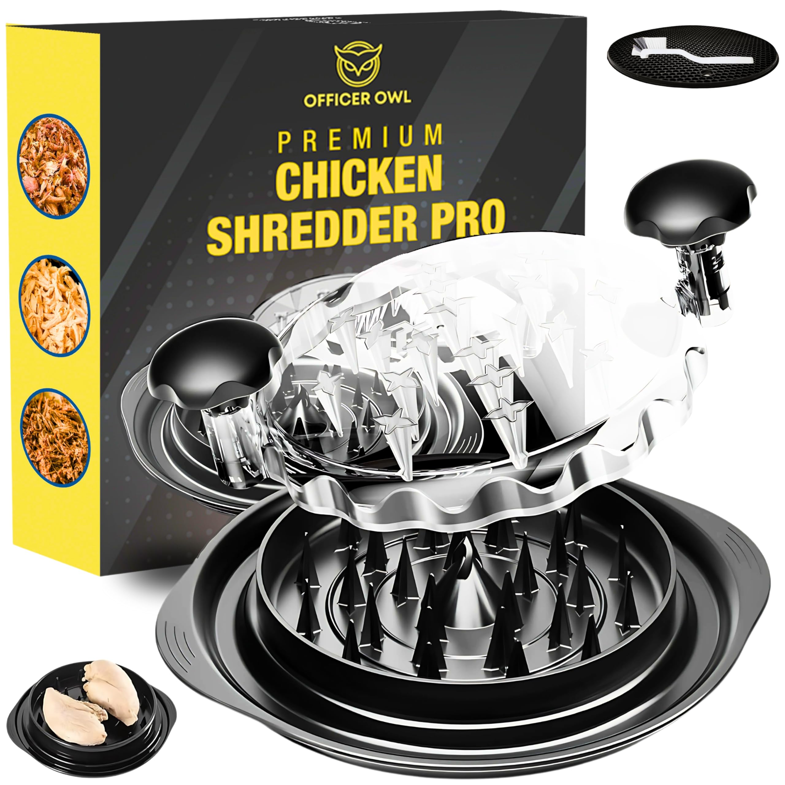 Officer Owl Chicken Shredder Large Chicken Breast Shredder, Manual Meat Shredder for Pulled Pork & Beef | BPA-Free, Removable Plate, Anti-Slip Strips, Non-Slip Silicone Mat & Cleaning Brush.
