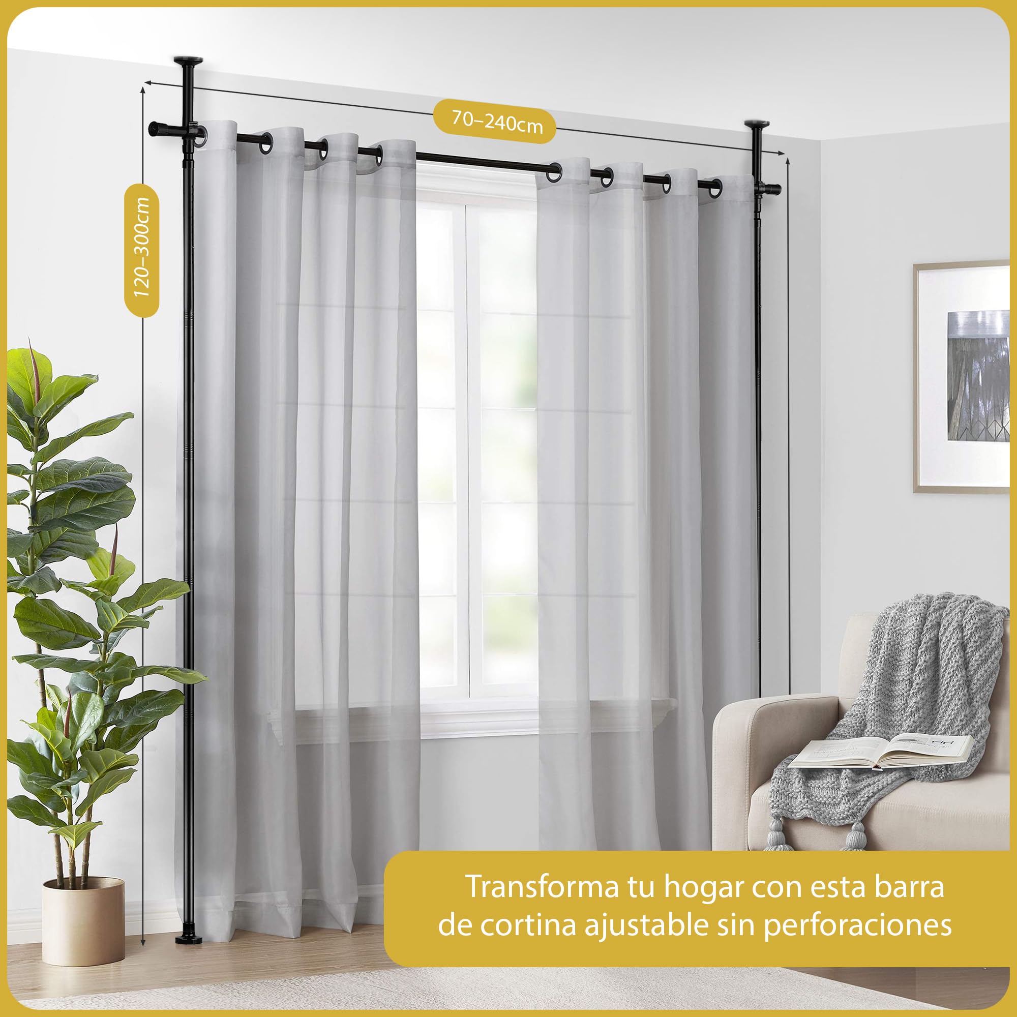 Separador de Ambientes sin Taladrar – Barra Divisoria Autoportante 120–300 cm x 70–240 cm – Soporte de Cortina Reutilizable Fácil de Instalar