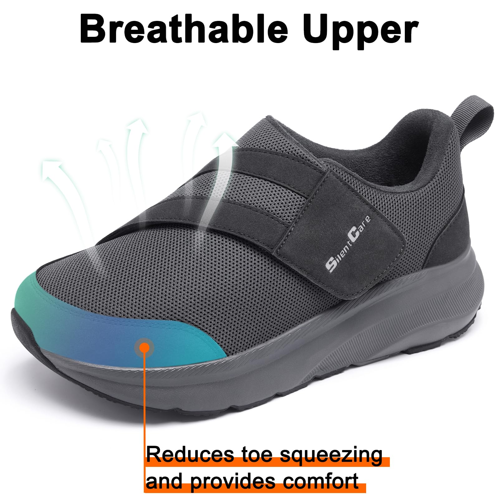 SILENTCARE Zapatos para diabéticos para hombre, puntera ancha, zapatos sin cordones para pies hinchados, zapatos ajustables para caminar para ancianos, alivio del dolor de pies, neuropatía