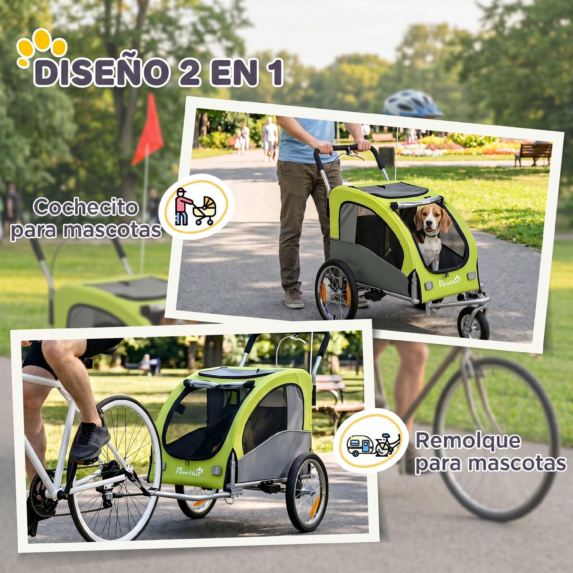PawHut Remolque de Bicicleta Perros 2 en 1, Carrito para Perros Medianos y Gatos Plegable con Suspensión, Neumáticos Grandes, Ventanas de Malla, Freno de Mano, Reflectores, Bandera, Verde