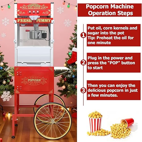Miniatura 4 de Máquina comercial de palomitas de maíz de 32 onzas con carrito  Hervidor de acero inoxidable con ruedas, plataforma de calentamiento y vidrio