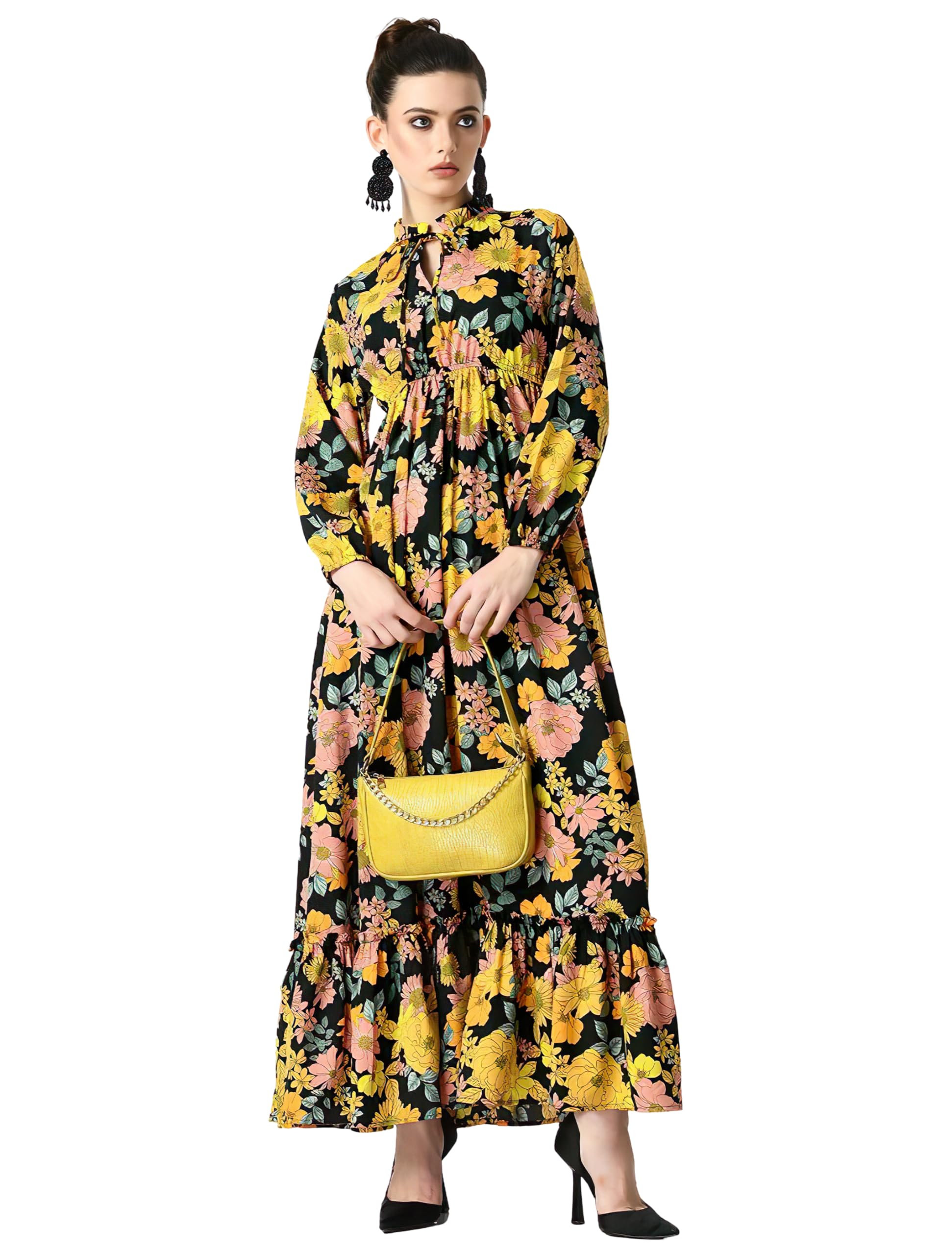 Kzully Women's Crepe A-Line Maxi Dress (8001-Yellow-Peach-Flower-L_Yellow