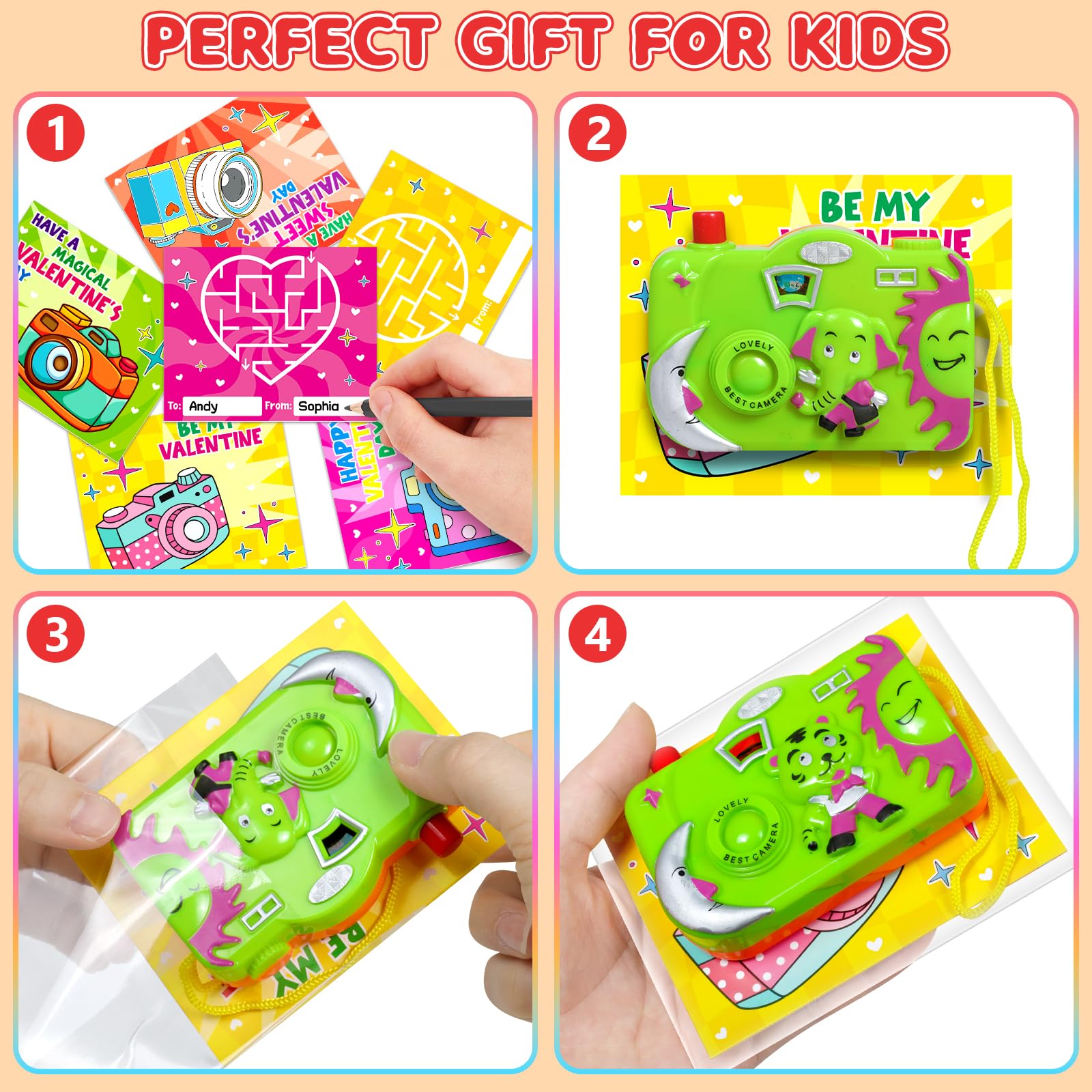 Valentinstagskarten für Kinder, Klassenzimmer, 24-teiliges Kamera-Spielzeug-Set, Tiermuster, Sucher, Kinder, Grußkarten, Valentinstag, Klassenzimmer, Schule, Austausch, Preise, Jungen, Mädchen