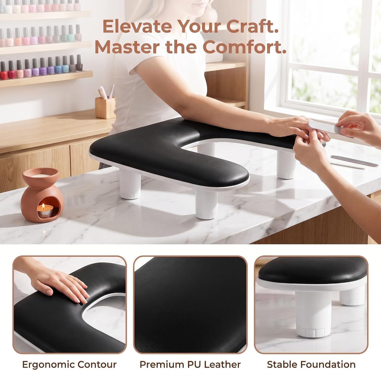 Black U Shaped Nail Arm Rest, Adjustable Height PU Leather