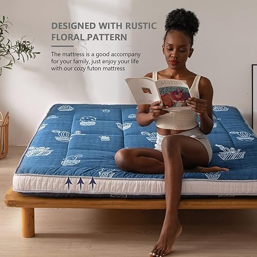 Miniatura 3 de MAXYOYO Colchón Futón de Tamaño Completo con Patrón de Cactus Gris, Cubrecolchón Acolchado para Cama, Almohadilla de Dormir Plegable Extra Gruesa,