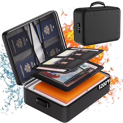 DocSafe 5200°F Document Organizer with Lock,Upgraded Heat Insulated Fireproof＆Waterproof Box 8 Layers File Organizer,Portable Home Travel Safe Storage for Important Documents, Files and More - 5200°F, 14.3"x10.6"x4.1" - Black