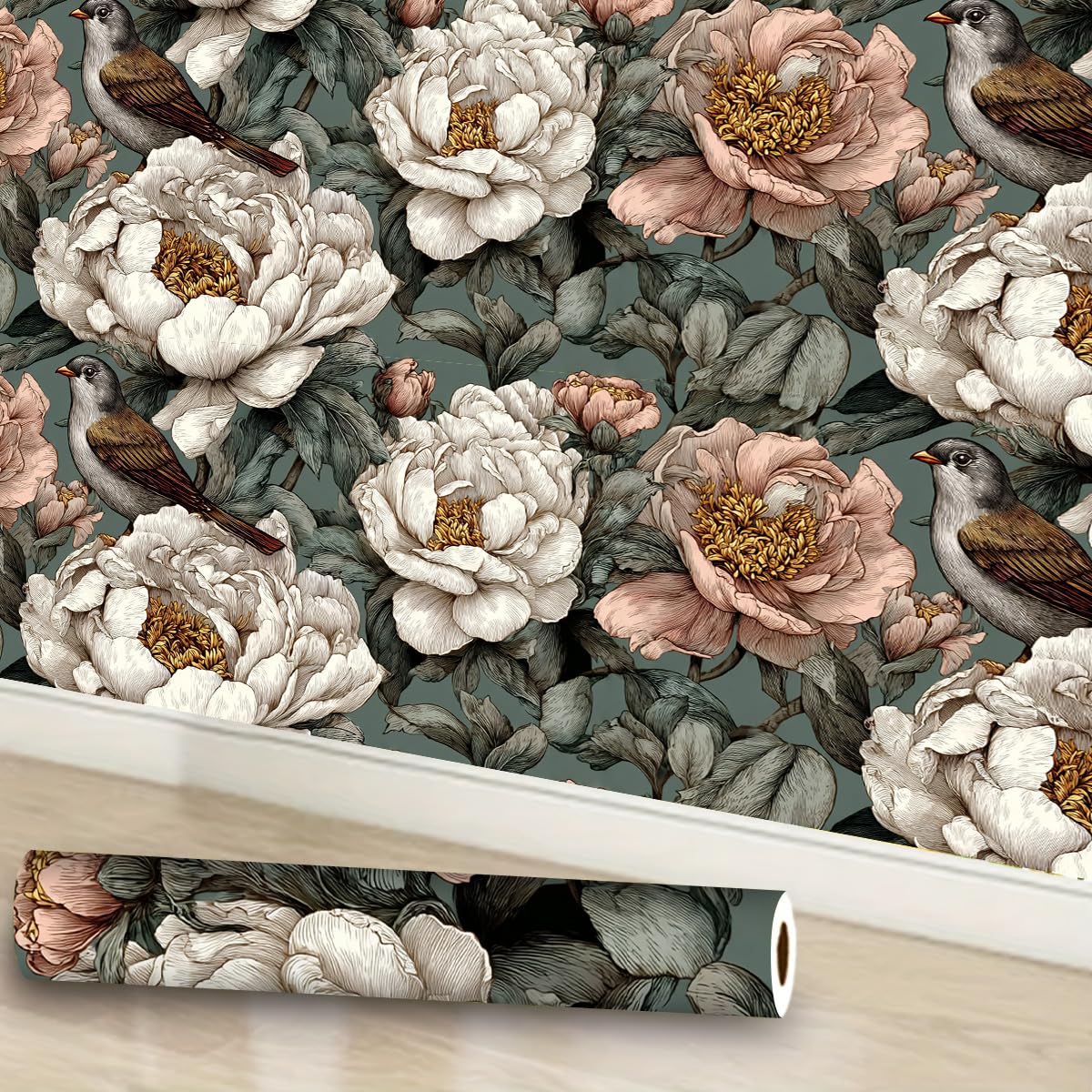 IOHEFY Vintage Bird Floral Wallpaper Peel and Stick 17.7" x 118.1" Removable Botanical Vinyl Contact Paper Self Adhesive Wall Decor for Bedroom Accent