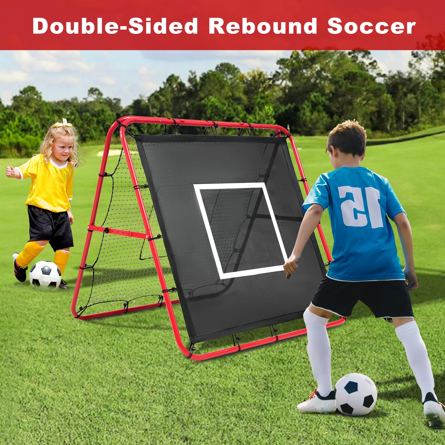 BAGAIL Rete Rebounder Doppio Lato, Pali Dipinti Rinforzati, Angoli Regolabili, Struttura Foderabile, Rete Rebound con Target per Allenamento Abilità, Obiettivi Calcio Portatili per Giardino