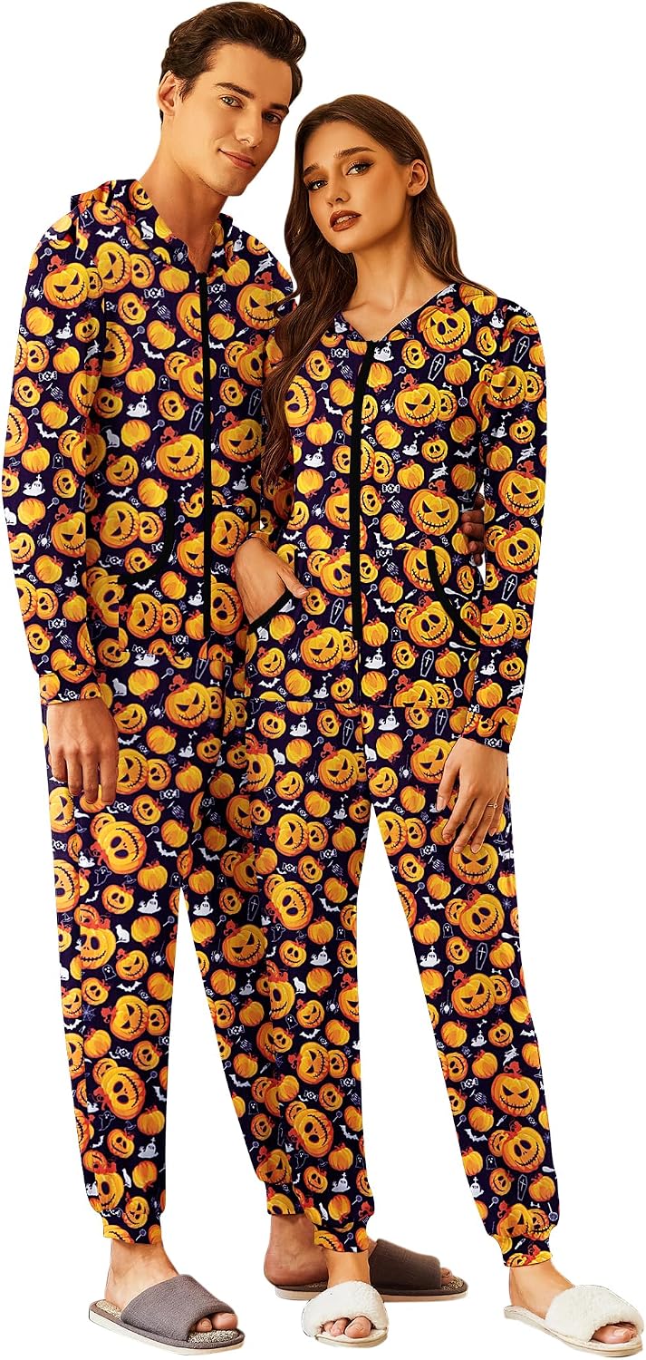 Ekouaer Christmas Matching Onesie for Couples Zipper One Piece Pajamas Adult Hooded Jumpsuit with Pockets